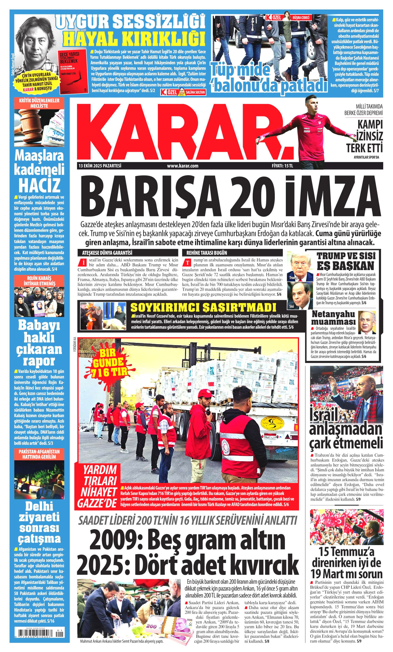 KARAR gazetesinin 13 Ekim 2025 tarihli birinci sayfası