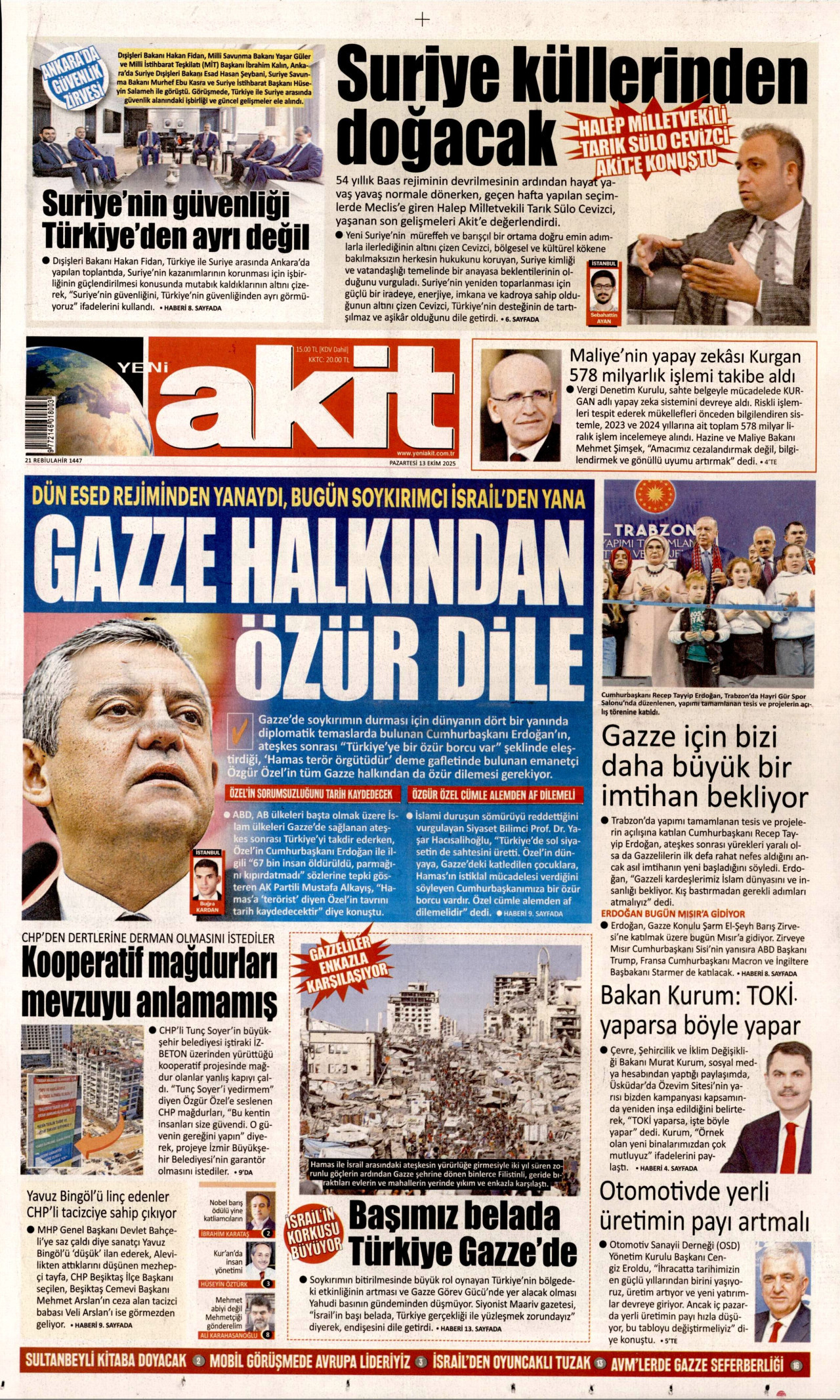 YENİ AKİT gazetesinin 13 Ekim 2025 tarihli birinci sayfası