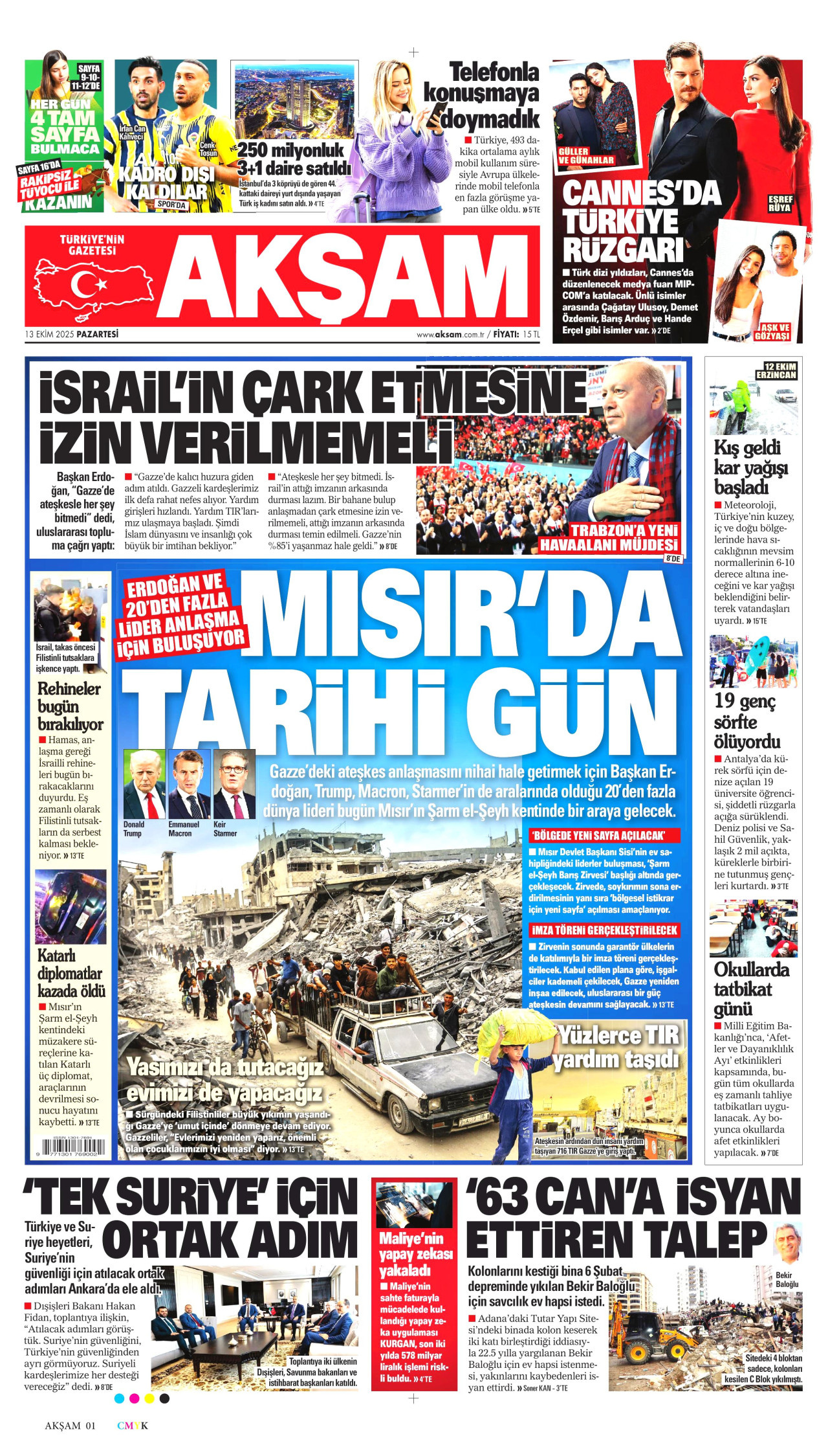 AKŞAM gazetesinin 13 Ekim 2025 tarihli birinci sayfası