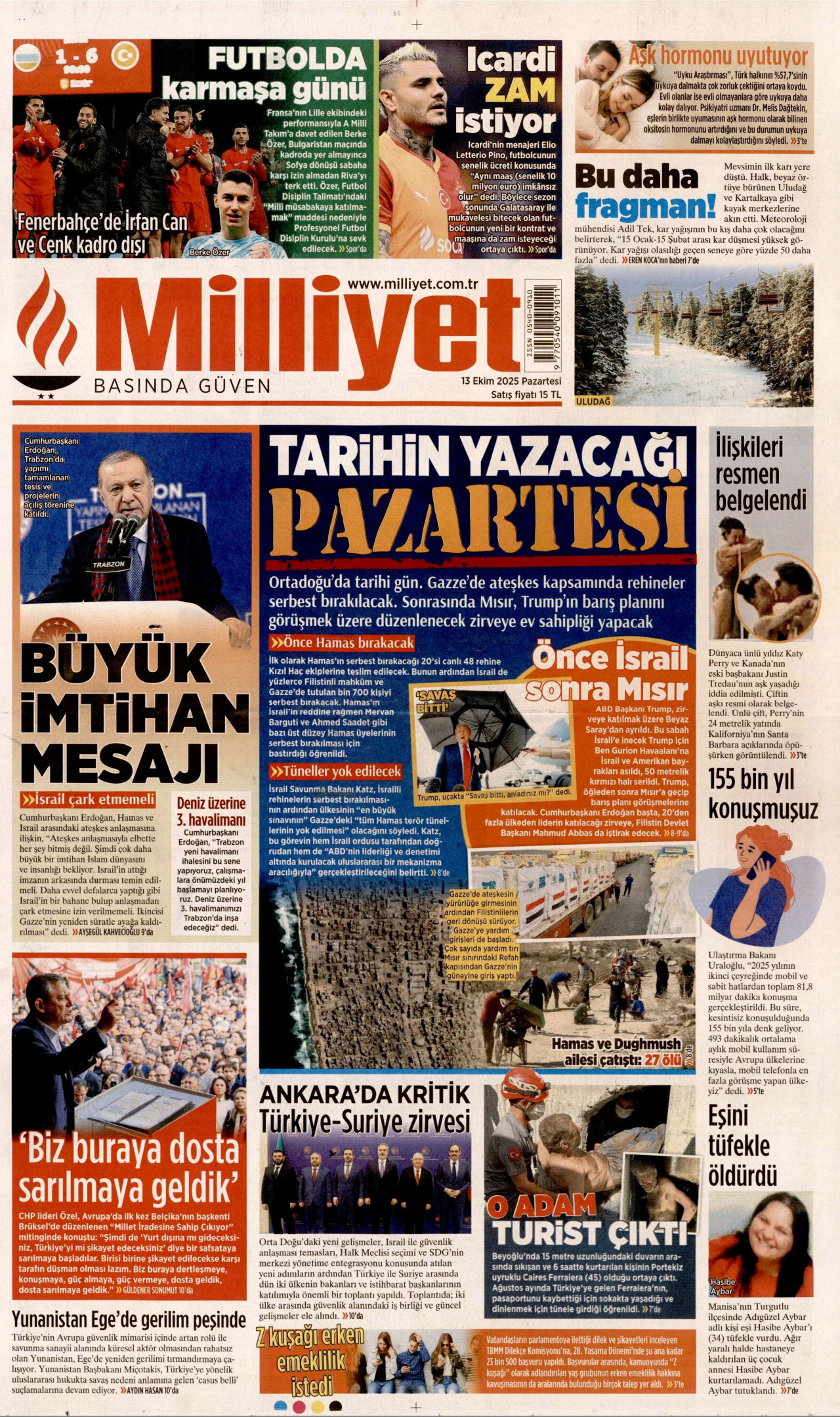 MİLLİYET gazetesinin 13 Ekim 2025 tarihli birinci sayfası