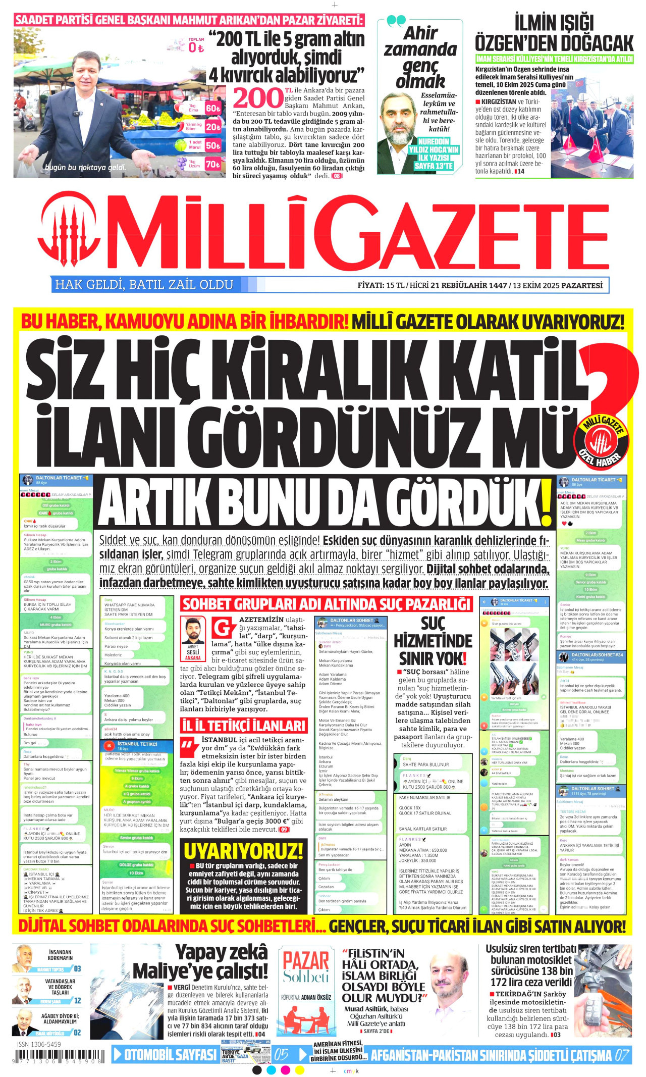MİLLİ GAZETE gazetesinin 13 Ekim 2025 tarihli birinci sayfası