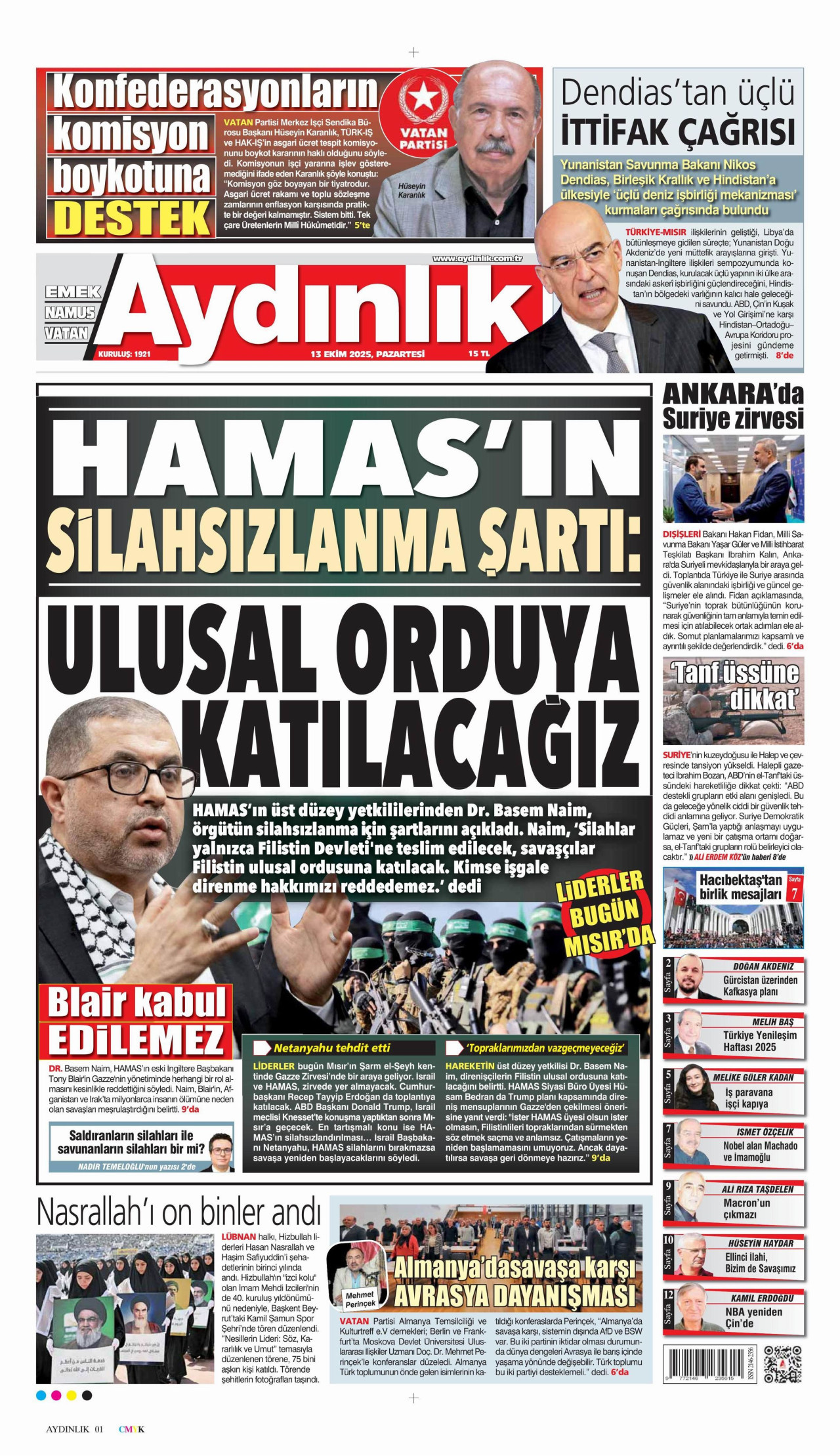 AYDINLIK GAZETESİ gazetesinin 13 Ekim 2025 tarihli birinci sayfası
