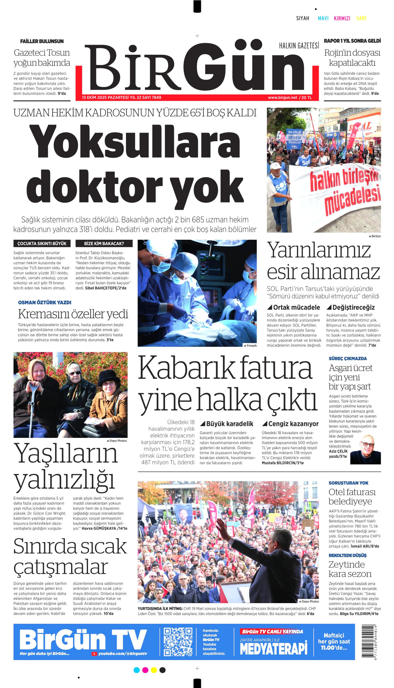 BİRGÜN gazetesinin 13 Ekim 2025 tarihli birinci sayfası