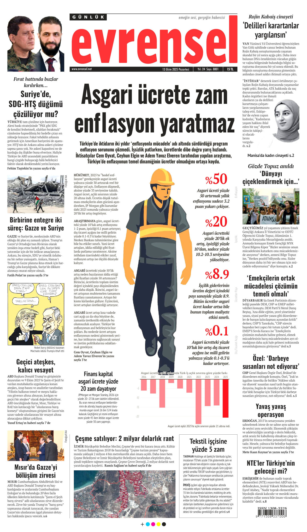 EVRENSEL gazetesinin 13 Ekim 2025 tarihli birinci sayfası