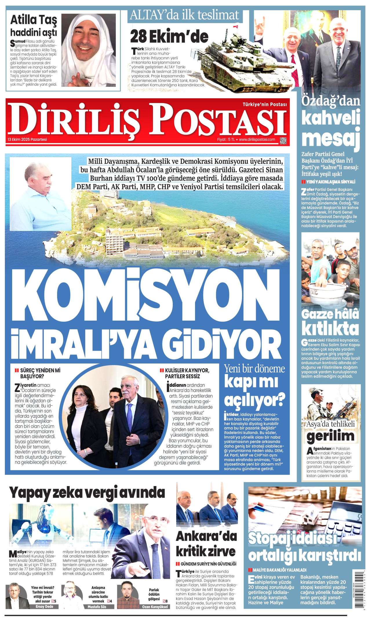 DİRİLİŞ POSTASI gazetesinin 13 Ekim 2025 tarihli birinci sayfası