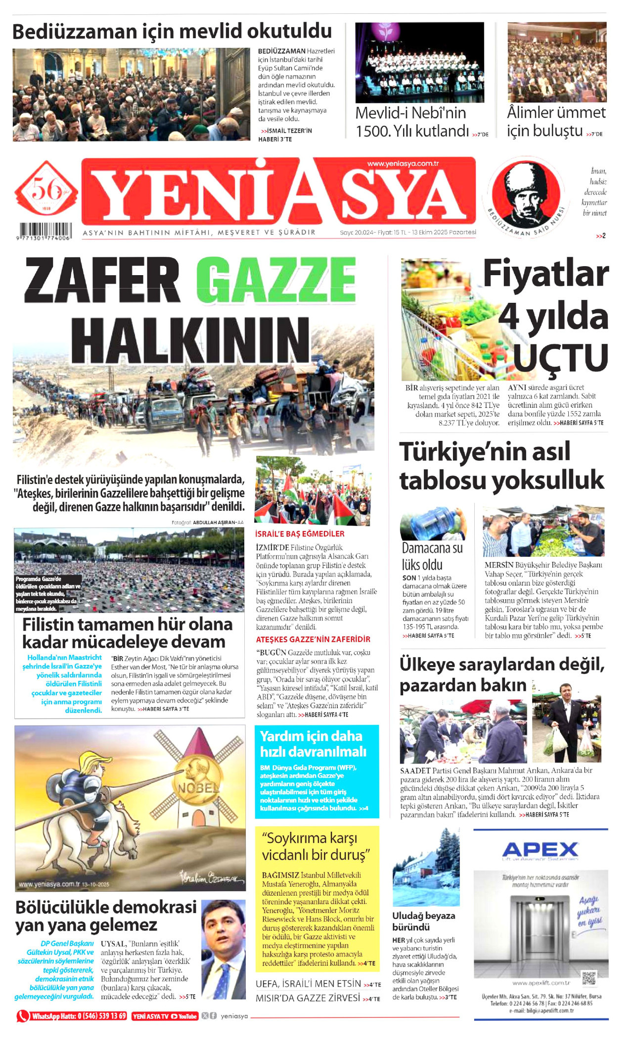 YENİ ASYA gazetesinin 13 Ekim 2025 tarihli birinci sayfası