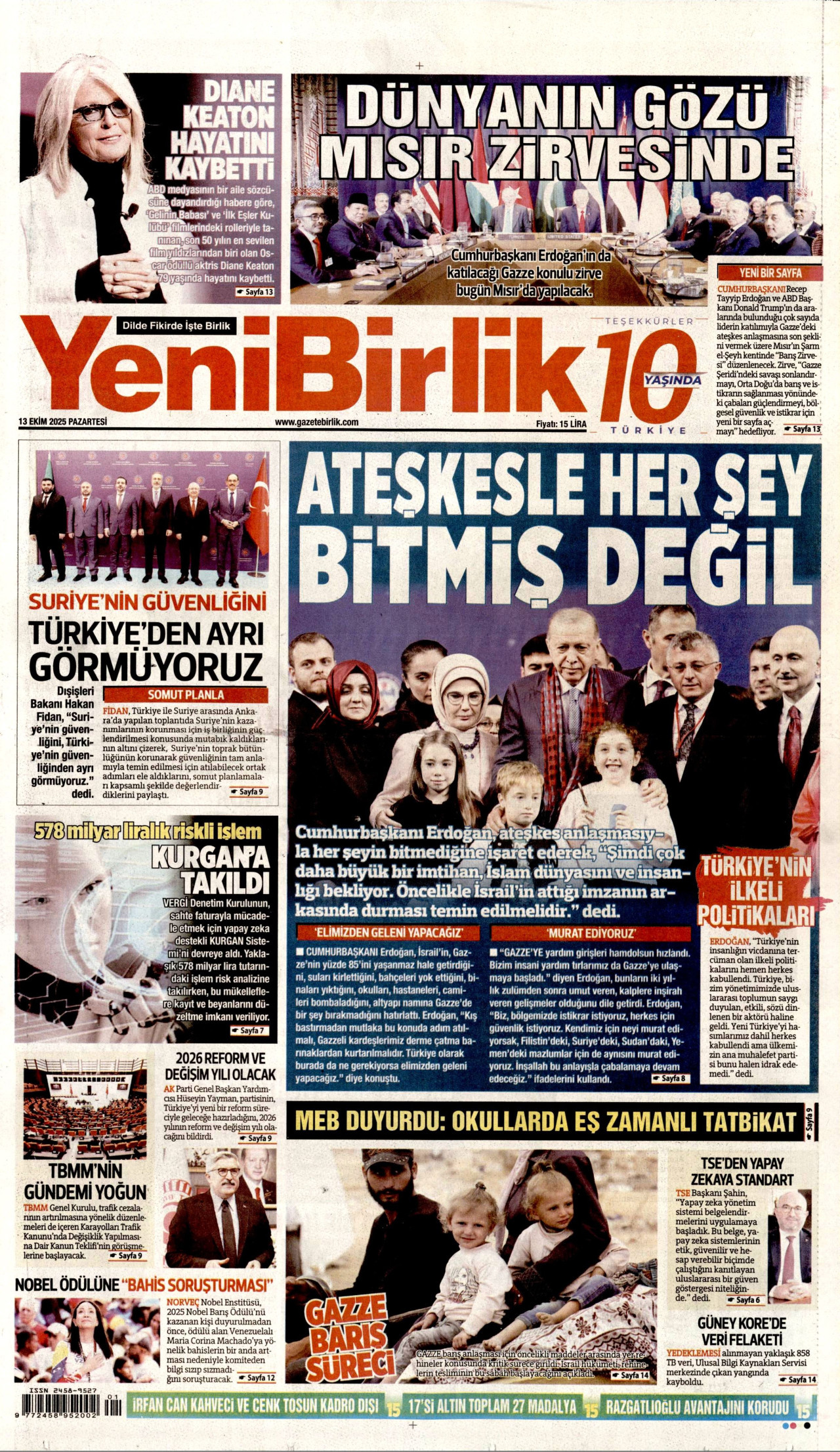 YENİBİRLİK gazetesinin 13 Ekim 2025 tarihli birinci sayfası