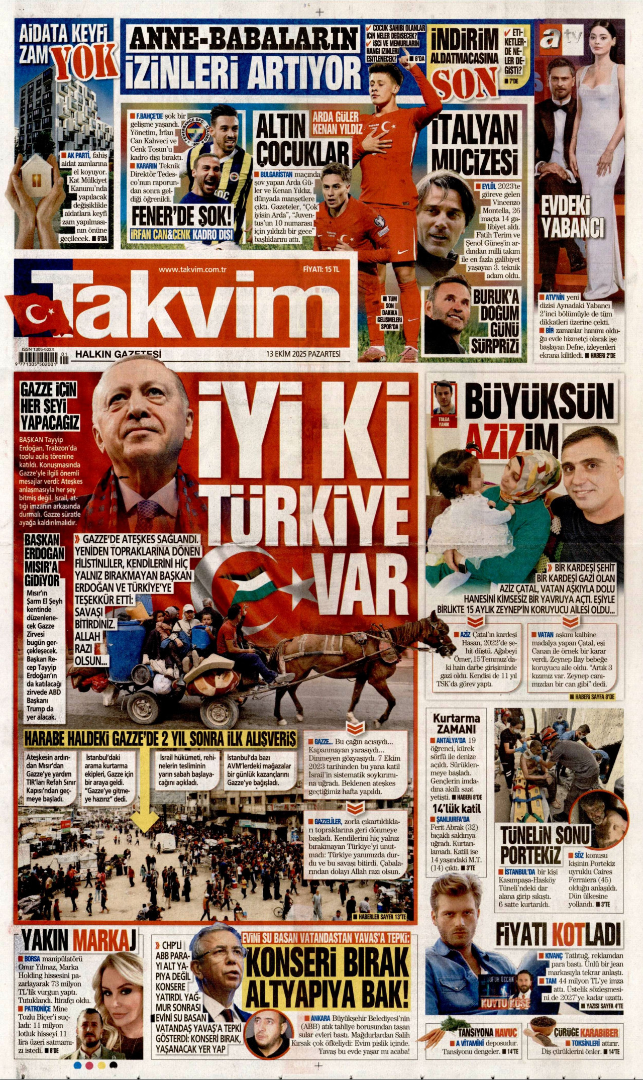 TAKVİM gazetesinin 13 Ekim 2025 tarihli birinci sayfası