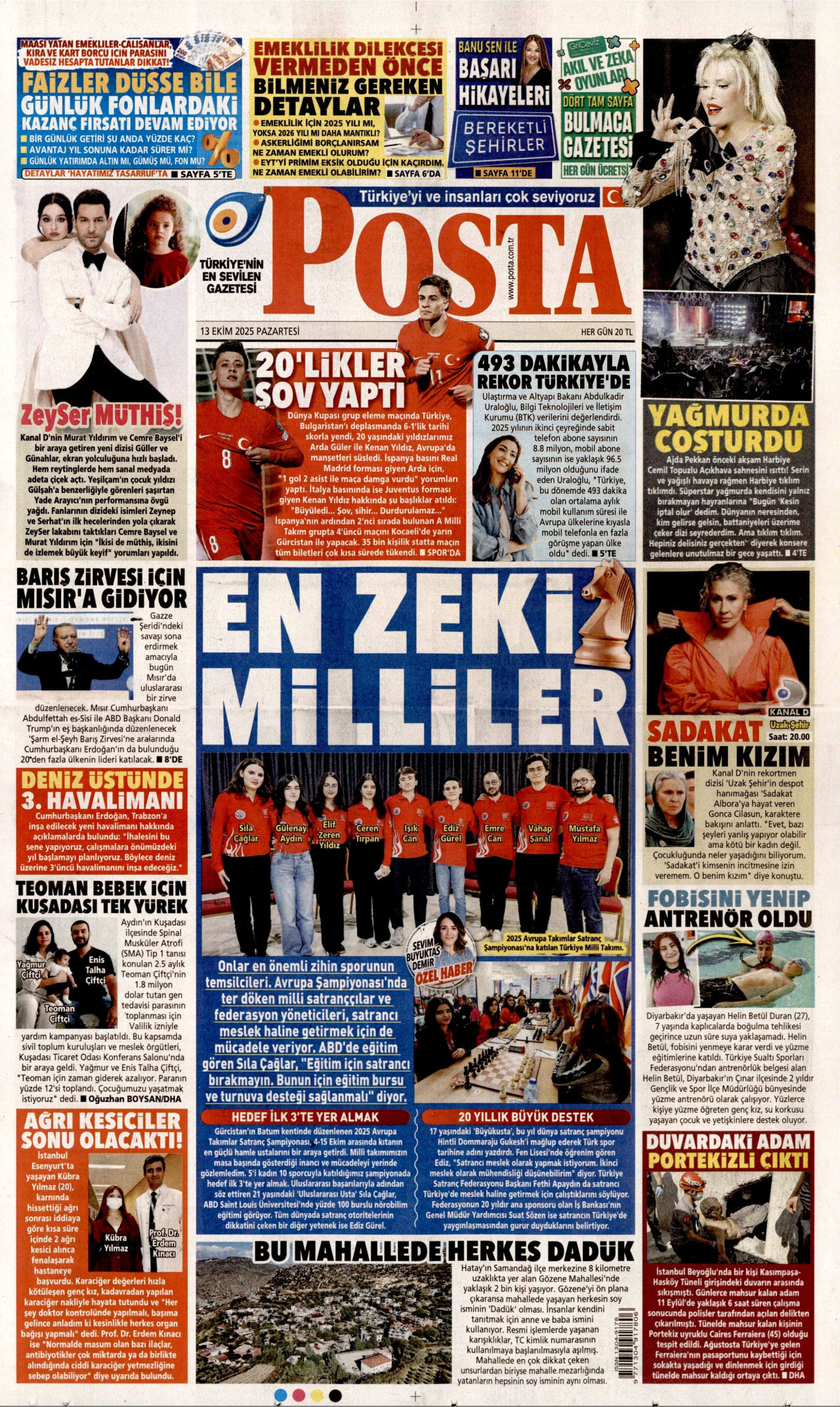 POSTA gazetesinin 13 Ekim 2025 tarihli birinci sayfası