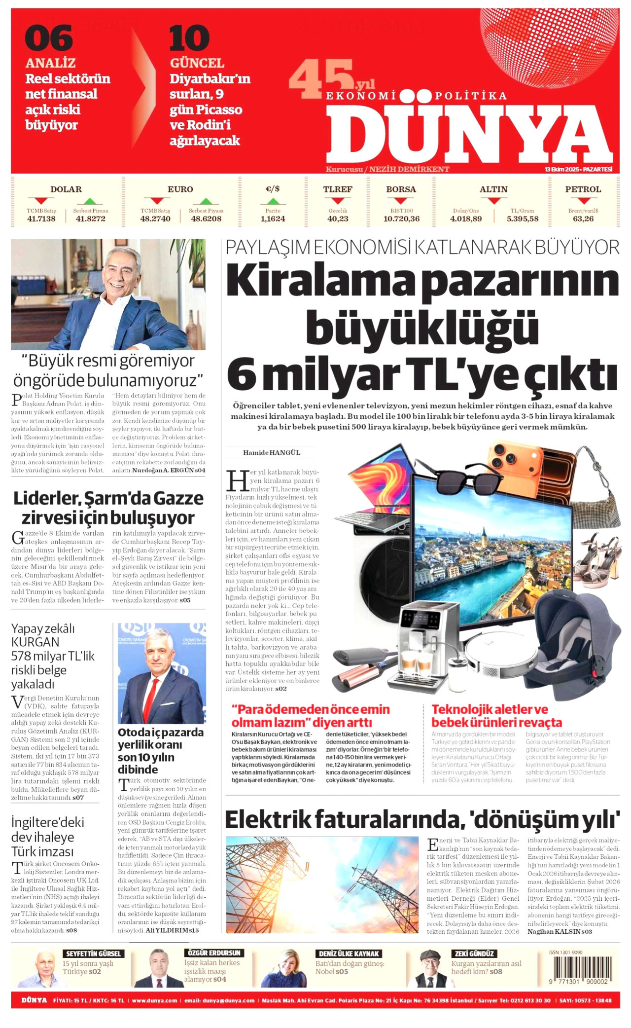 DÜNYA gazetesinin 13 Ekim 2025 tarihli birinci sayfası