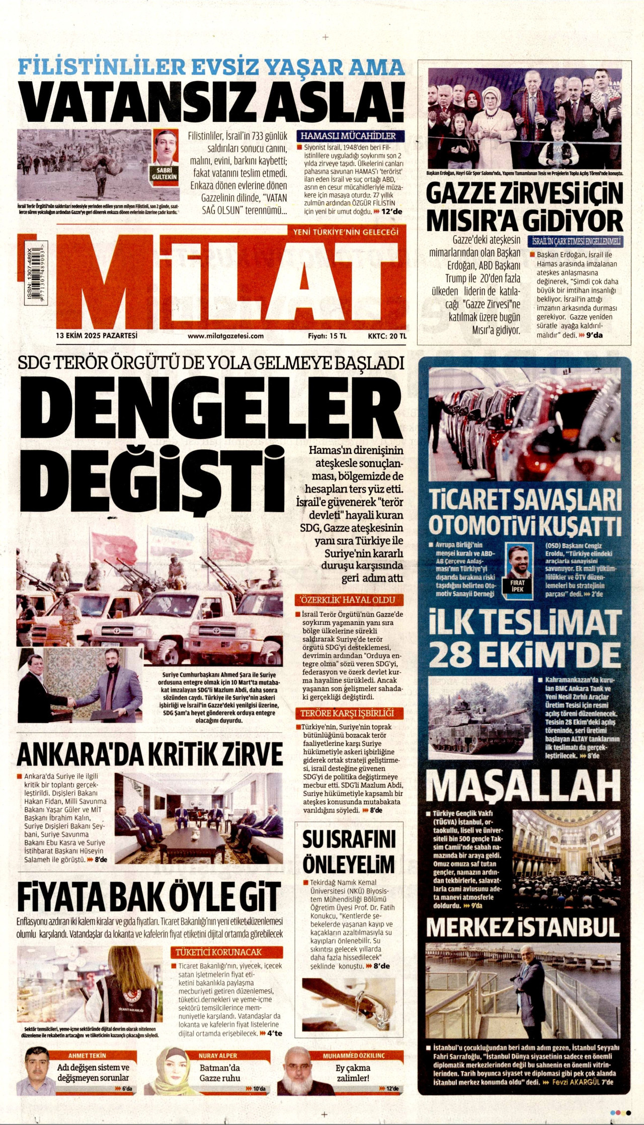 MİLAT gazetesinin 13 Ekim 2025 tarihli birinci sayfası