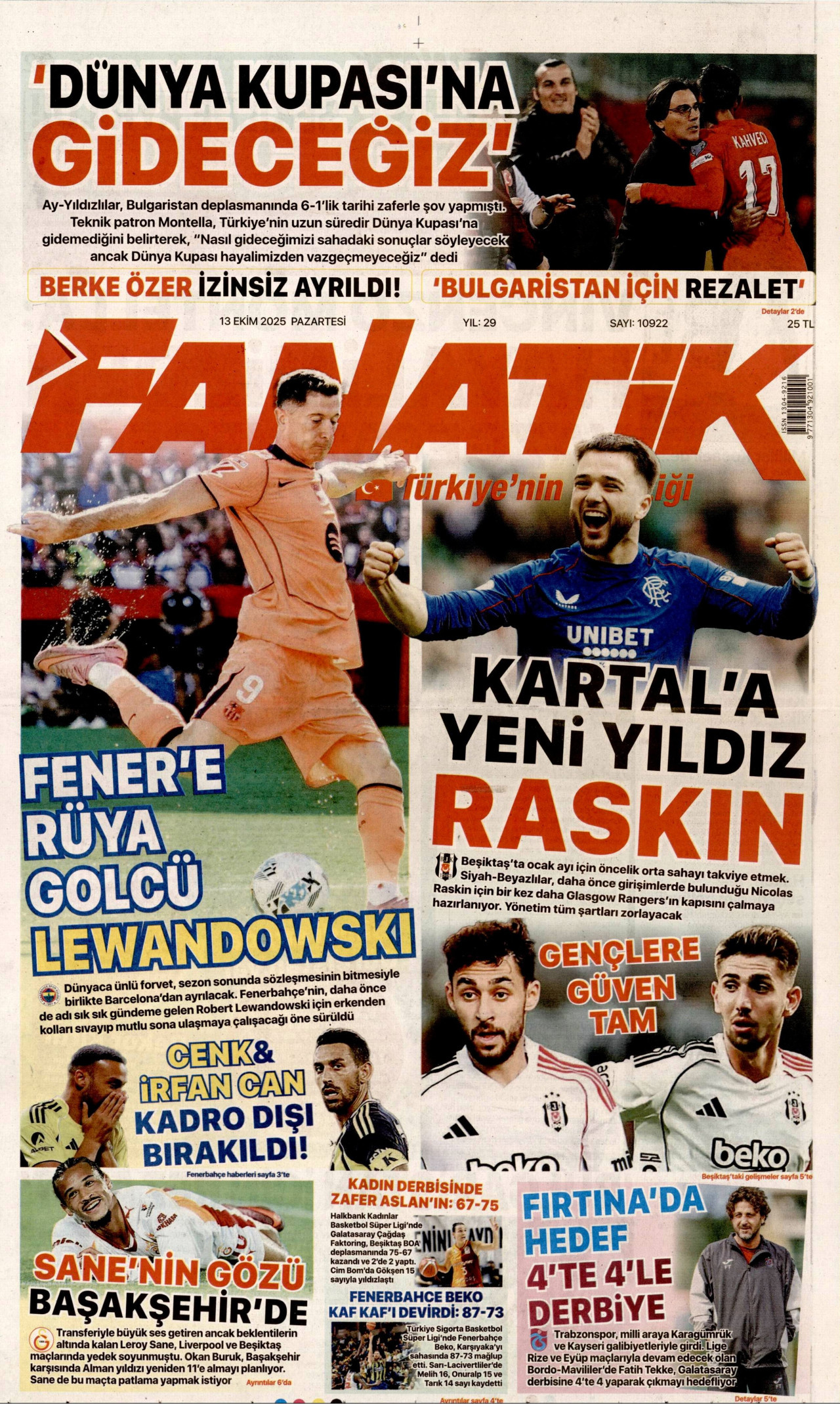 FANATİK gazetesinin 13 Ekim 2025 tarihli birinci sayfası
