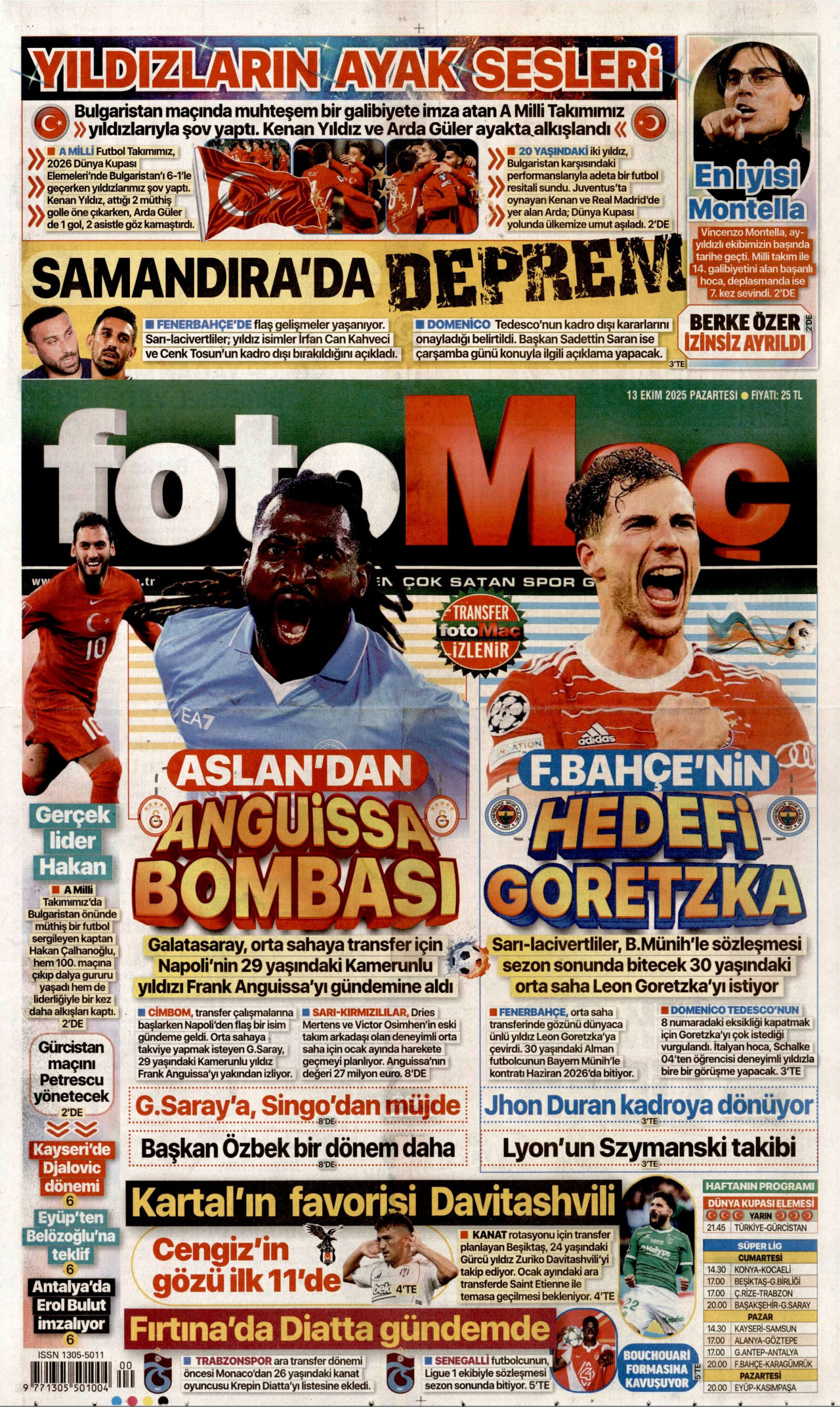 FOTOMAÇ gazetesinin 13 Ekim 2025 tarihli birinci sayfası