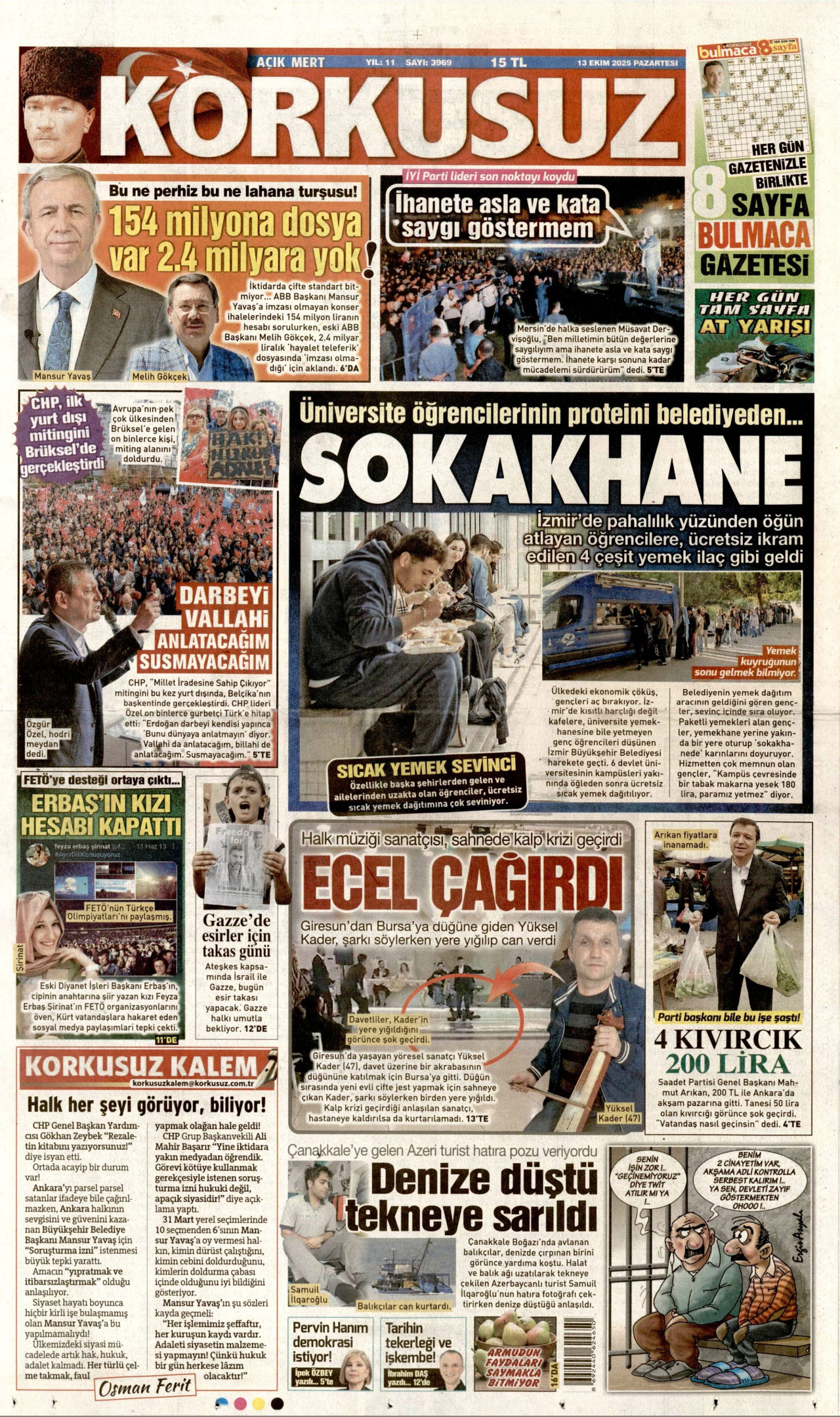 KORKUSUZ gazetesinin 13 Ekim 2025 tarihli birinci sayfası