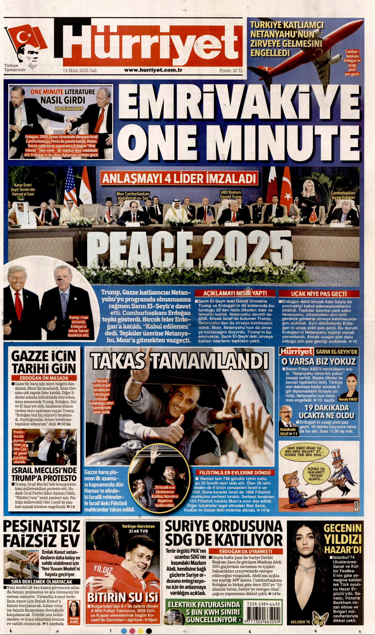 HÜRRİYET gazetesinin 14 Ekim 2025 tarihli birinci sayfası