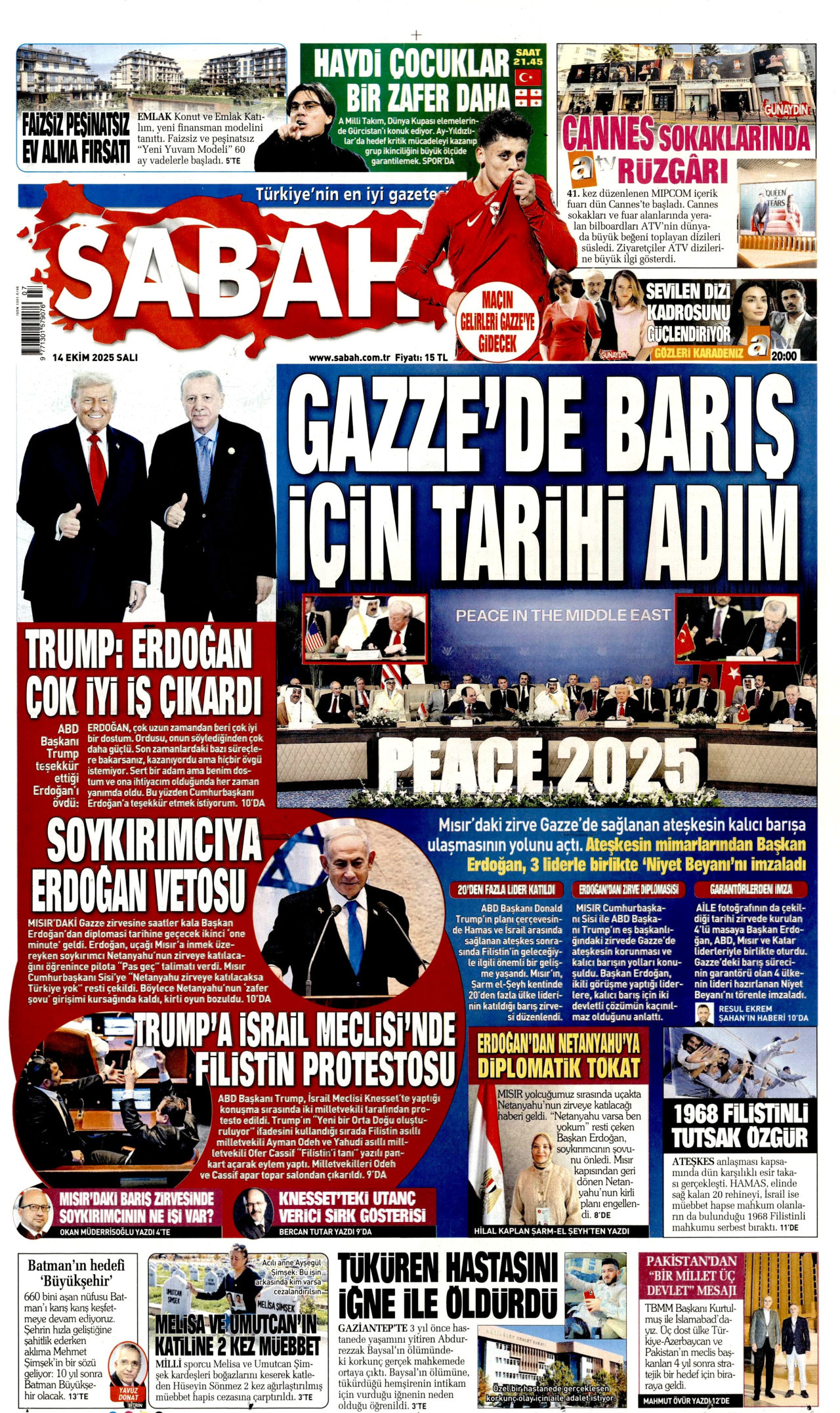 SABAH gazetesinin 14 Ekim 2025 tarihli birinci sayfası