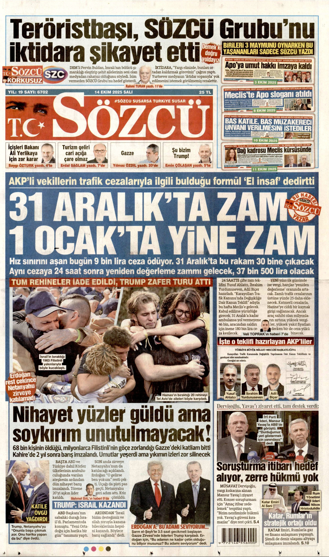 SÖZCÜ gazetesinin 14 Ekim 2025 tarihli birinci sayfası