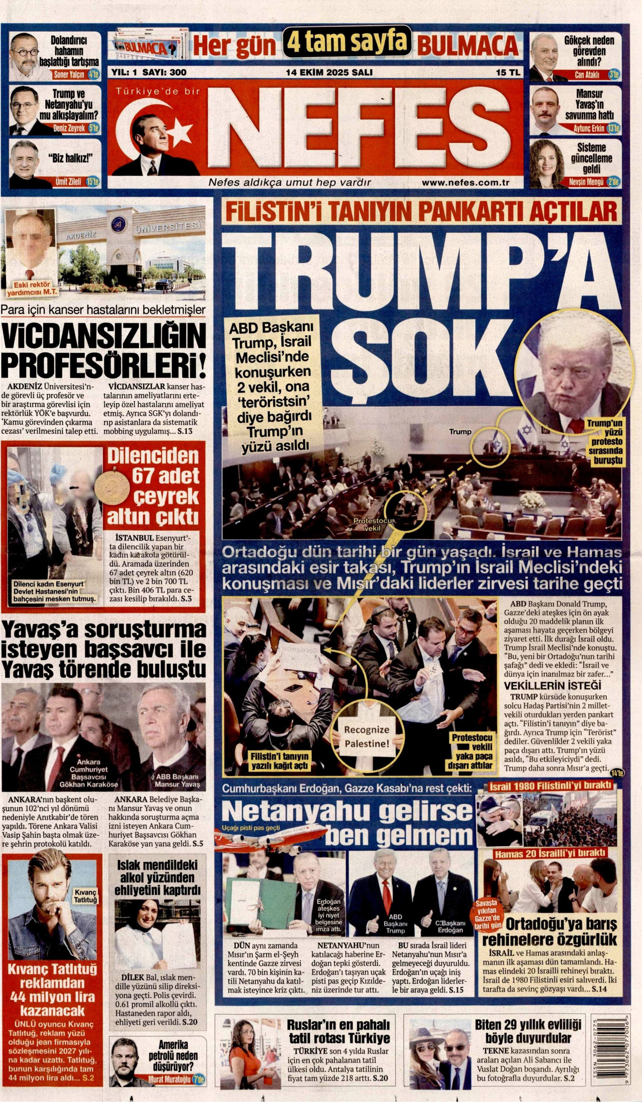 NEFES gazetesinin 14 Ekim 2025 tarihli birinci sayfası