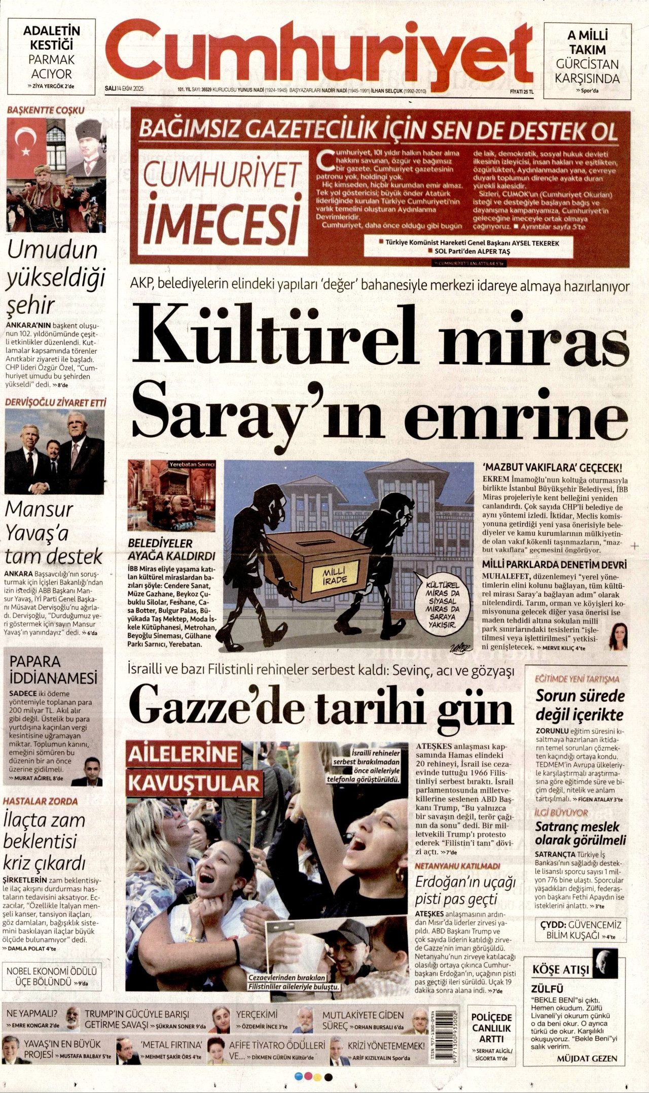 CUMHURİYET gazetesinin 14 Ekim 2025 tarihli birinci sayfası