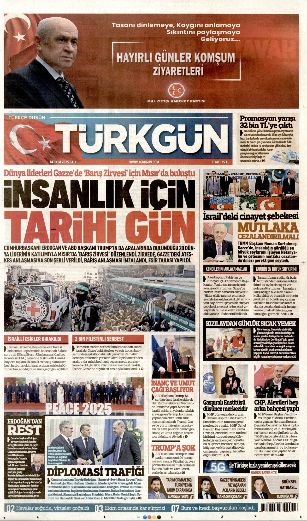 TÜRKGÜN gazetesinin 14 Ekim 2025 tarihli birinci sayfası