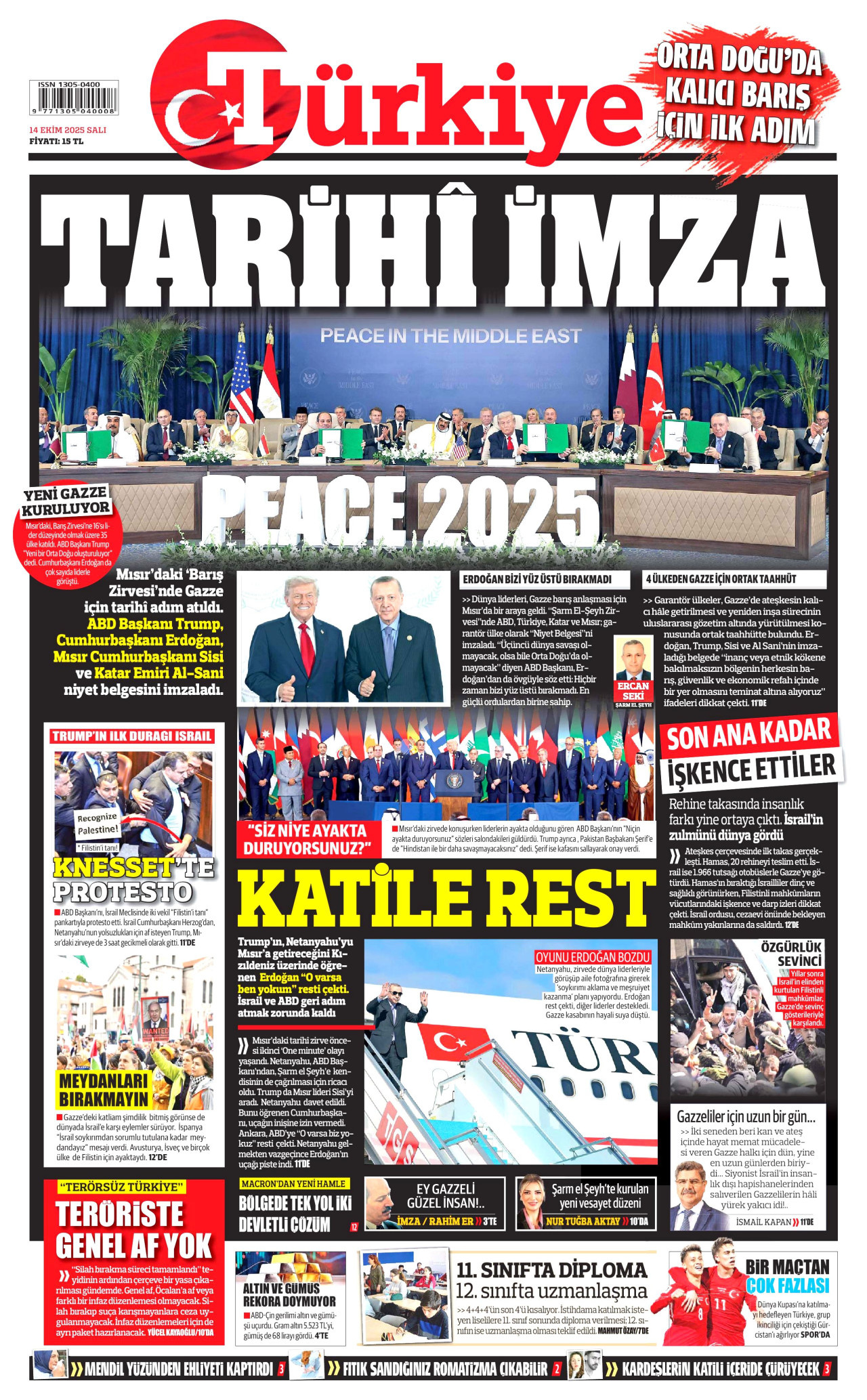 TÜRKİYE GAZETESİ gazetesinin 14 Ekim 2025 tarihli birinci sayfası