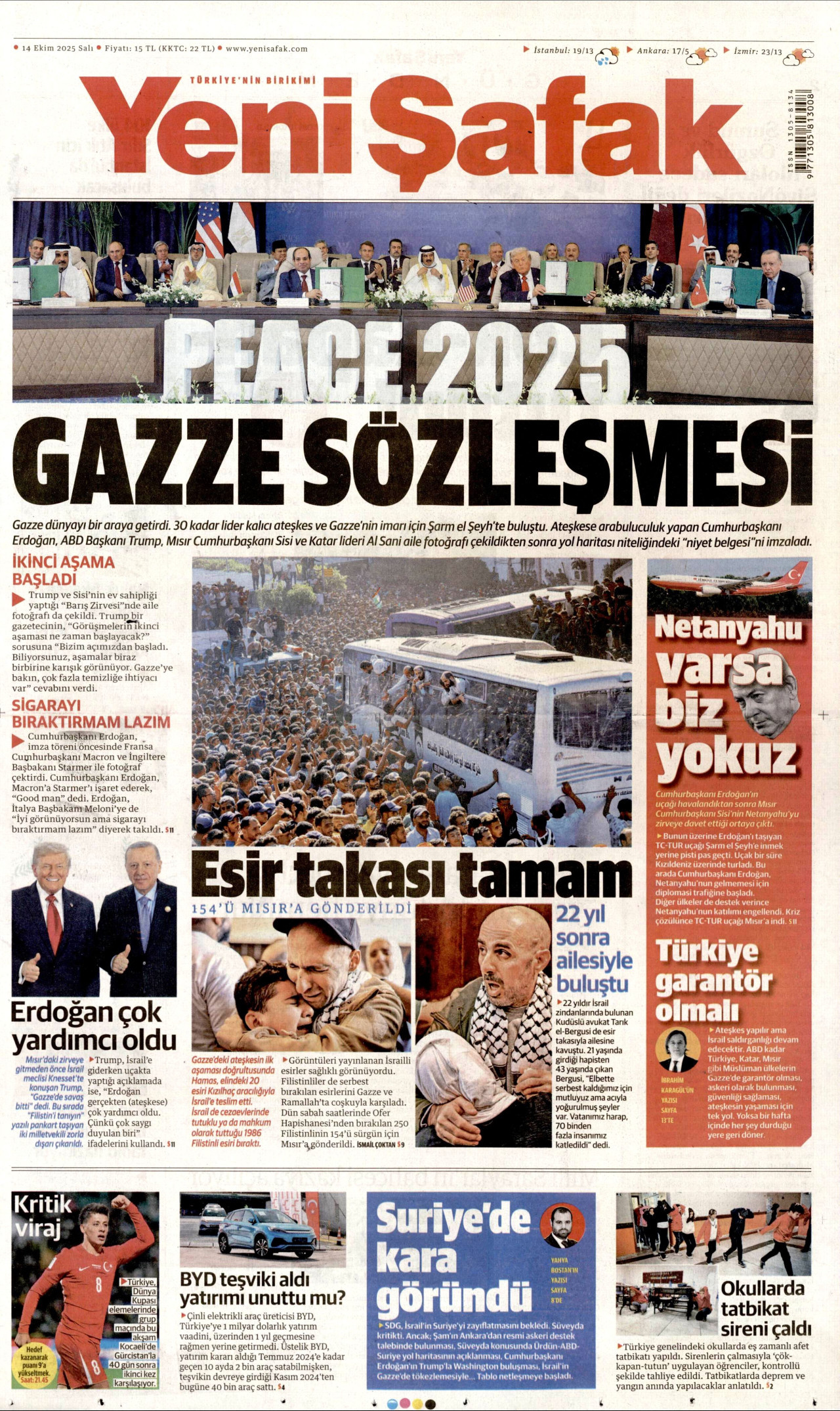 YENİ ŞAFAK gazetesinin 14 Ekim 2025 tarihli birinci sayfası