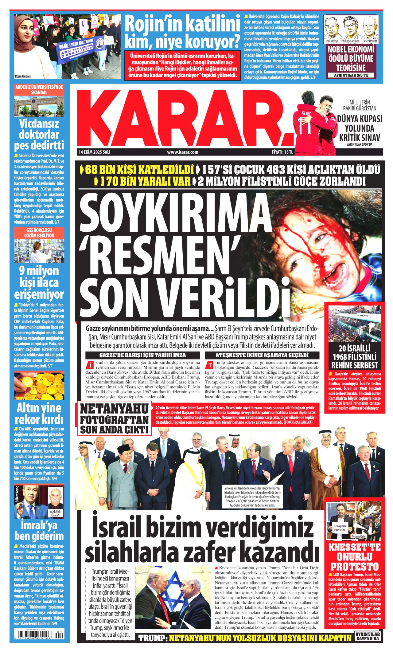 KARAR gazetesinin 14 Ekim 2025 tarihli birinci sayfası
