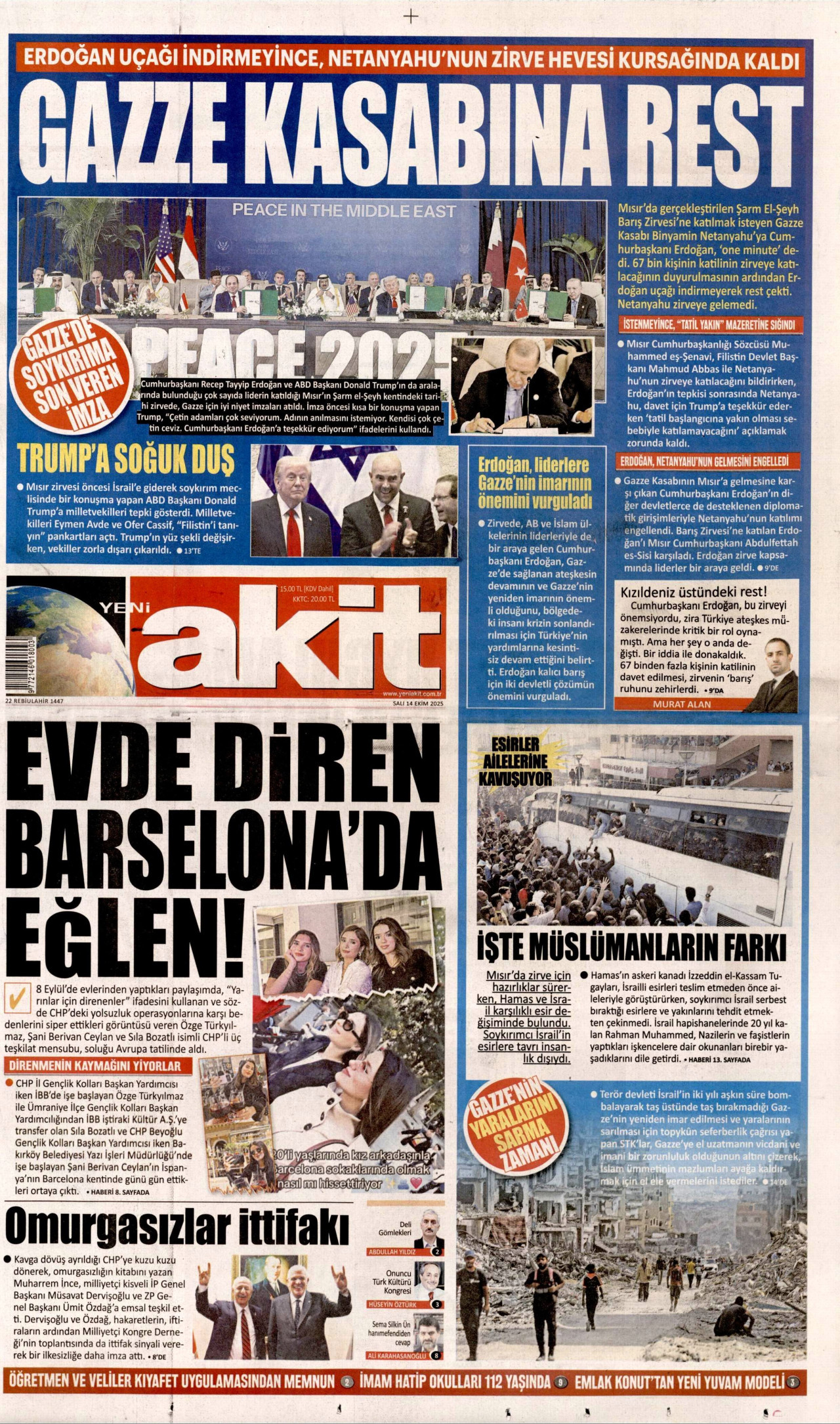 YENİ AKİT gazetesinin 14 Ekim 2025 tarihli birinci sayfası