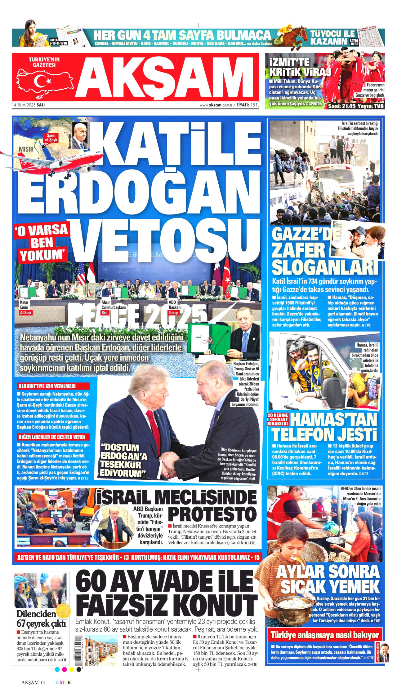 AKŞAM gazetesinin 14 Ekim 2025 tarihli birinci sayfası