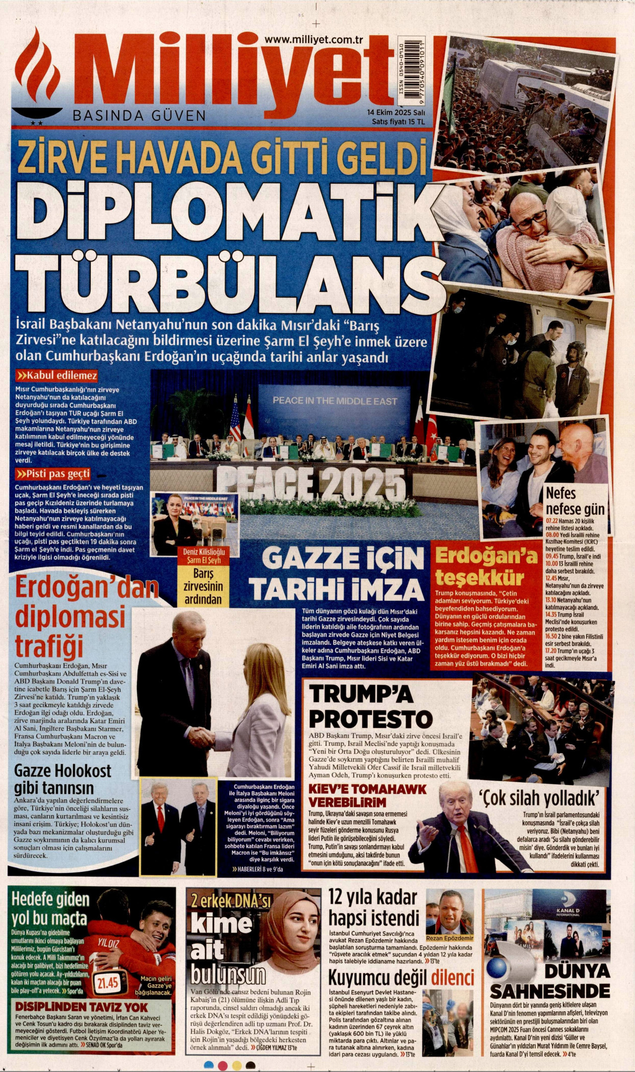 MİLLİYET gazetesinin 14 Ekim 2025 tarihli birinci sayfası