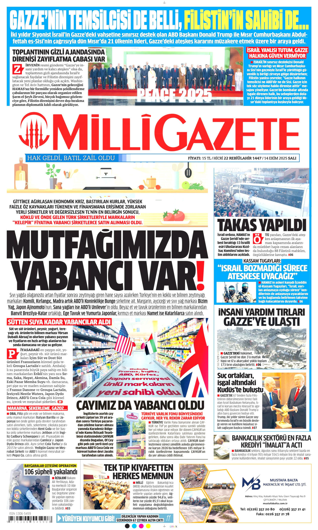 MİLLİ GAZETE gazetesinin 14 Ekim 2025 tarihli birinci sayfası