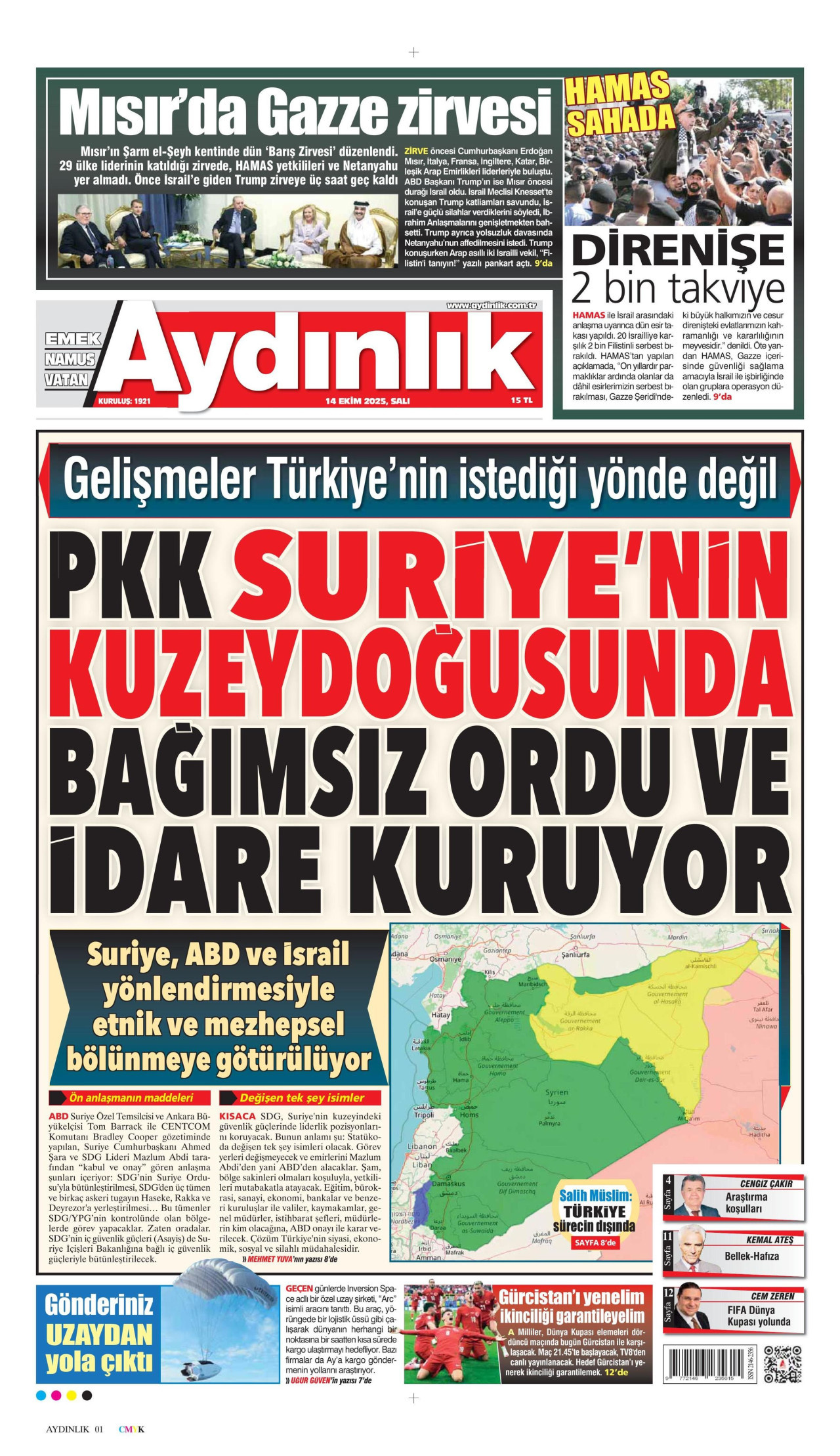 AYDINLIK GAZETESİ gazetesinin 14 Ekim 2025 tarihli birinci sayfası