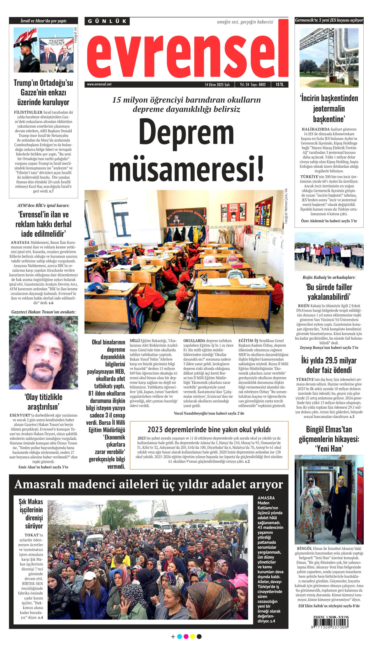 EVRENSEL gazetesinin 14 Ekim 2025 tarihli birinci sayfası