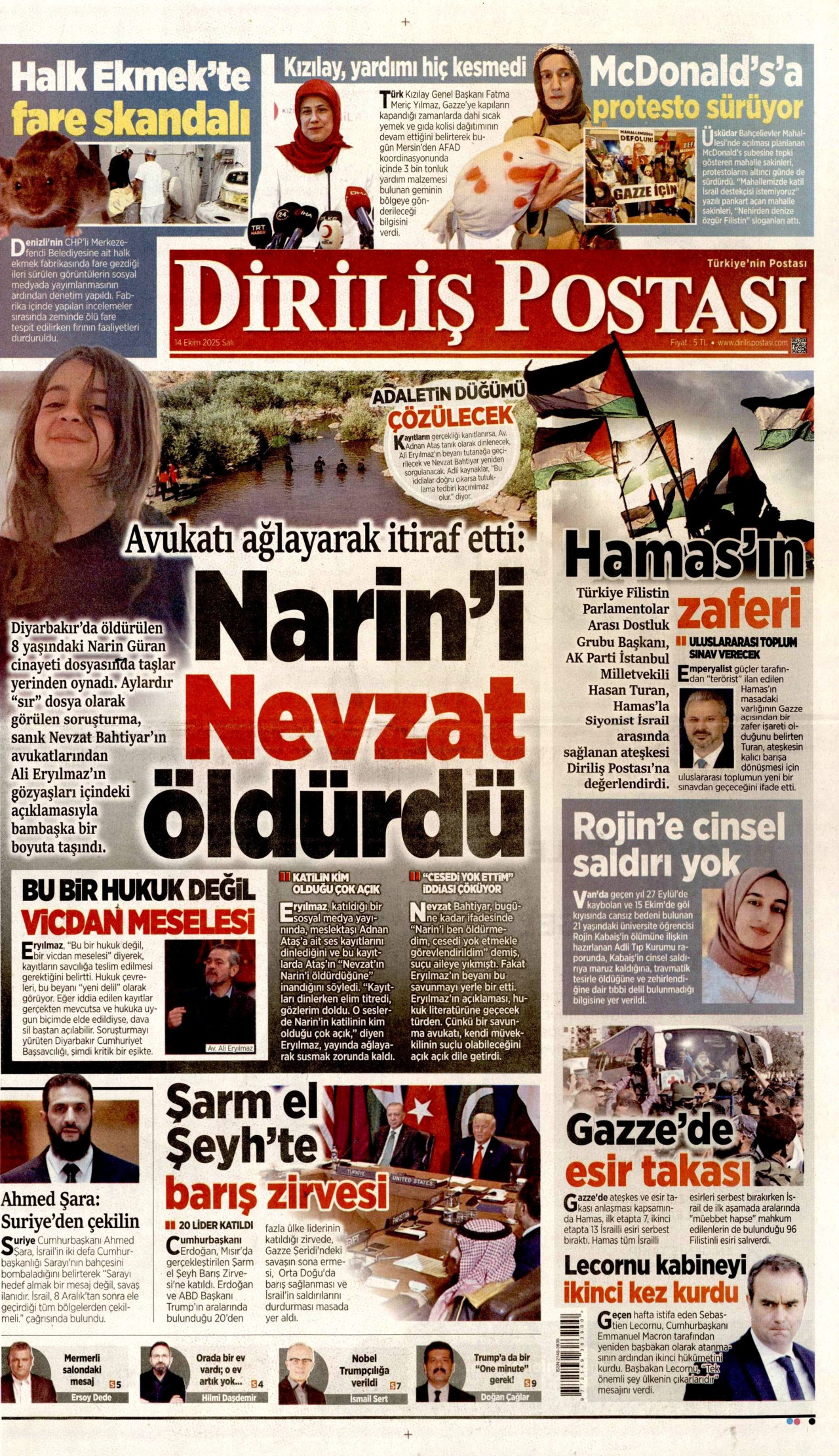 DİRİLİŞ POSTASI gazetesinin 14 Ekim 2025 tarihli birinci sayfası