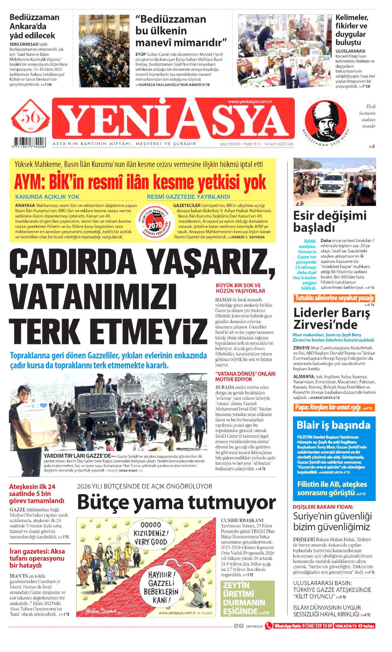 YENİ ASYA gazetesinin 14 Ekim 2025 tarihli birinci sayfası