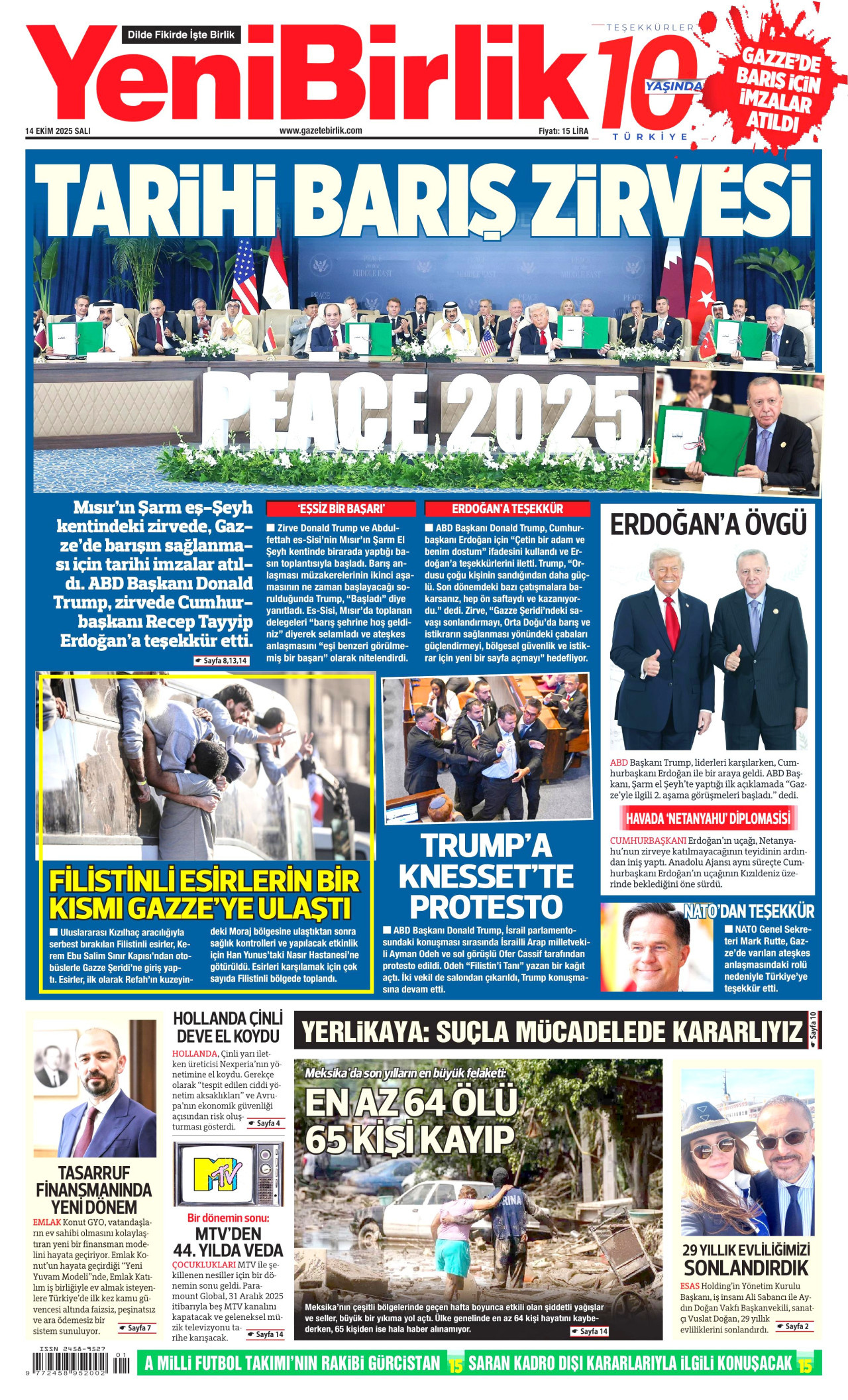 YENİBİRLİK gazetesinin 14 Ekim 2025 tarihli birinci sayfası