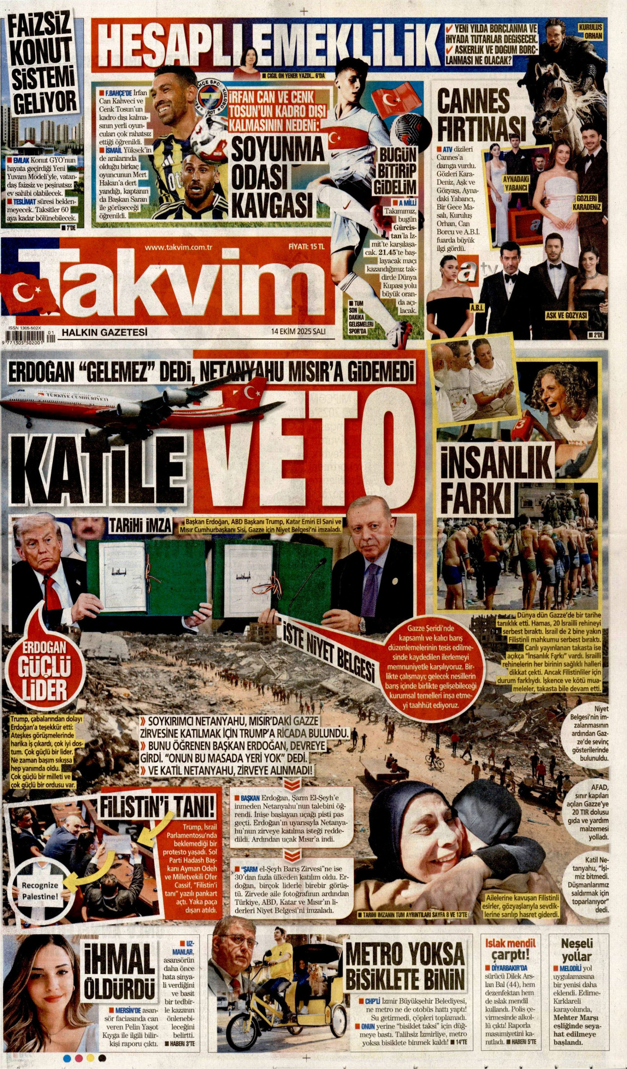 TAKVİM gazetesinin 14 Ekim 2025 tarihli birinci sayfası