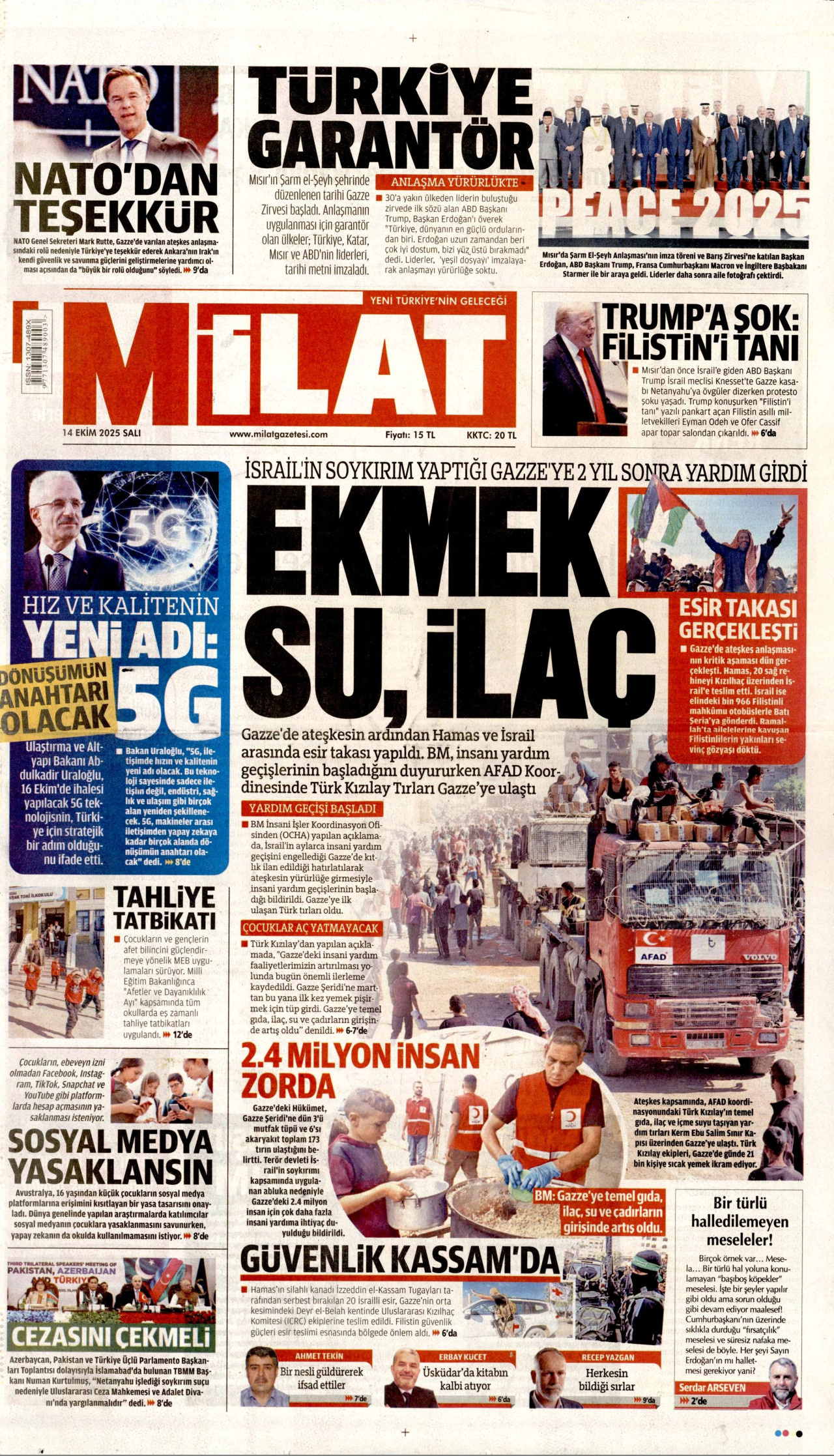 MİLAT gazetesinin 14 Ekim 2025 tarihli birinci sayfası