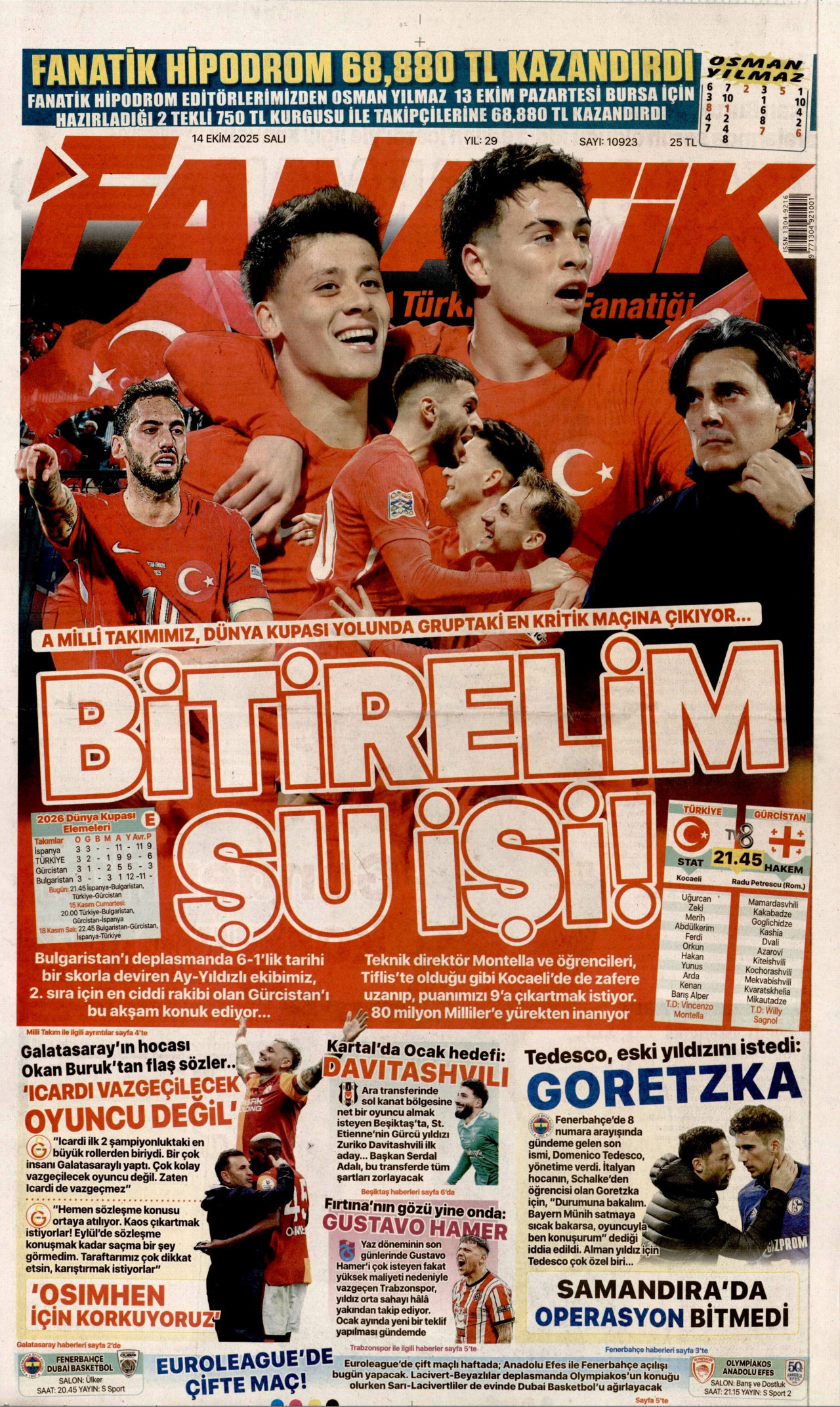 FANATİK gazetesinin 14 Ekim 2025 tarihli birinci sayfası