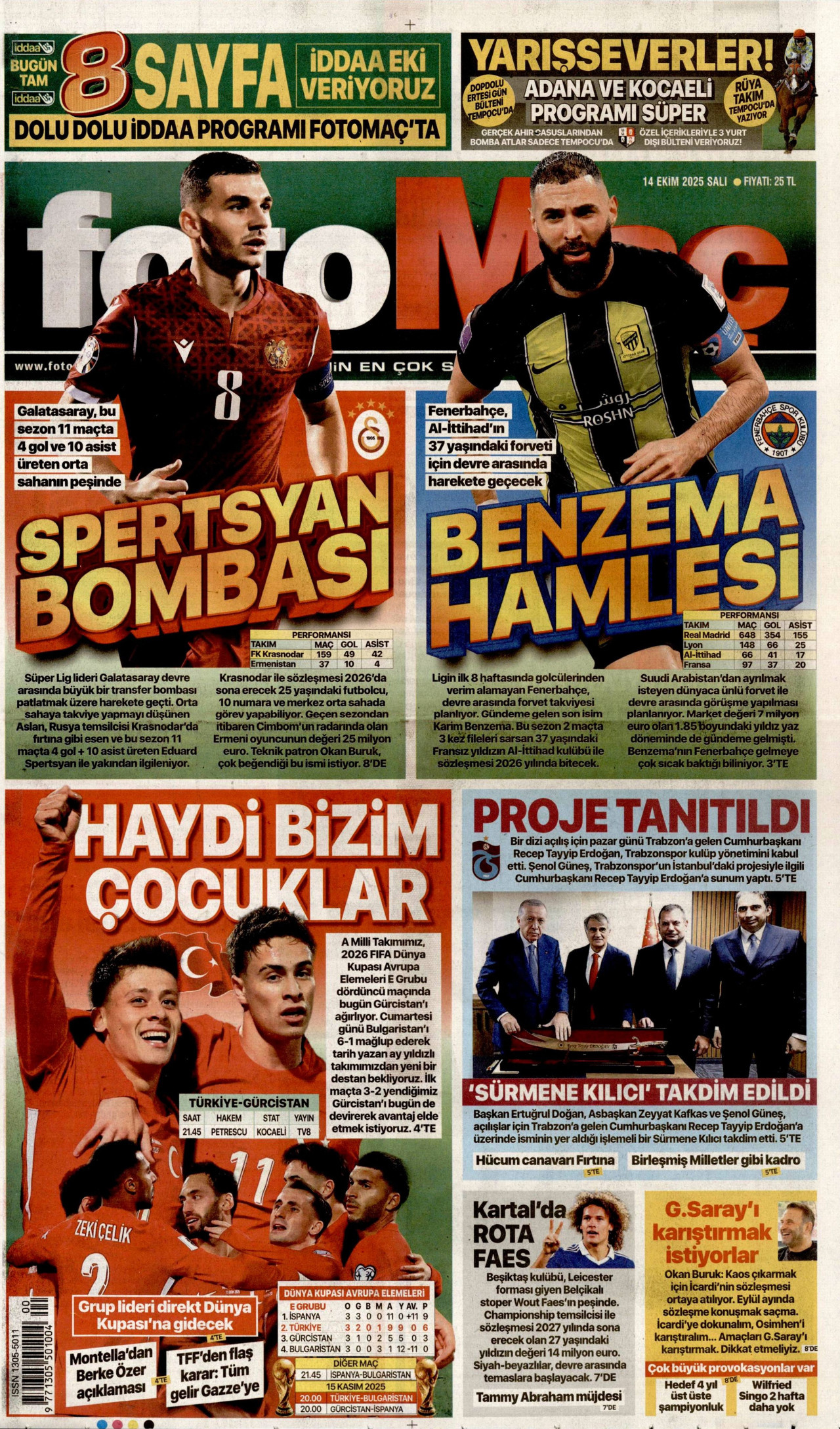 FOTOMAÇ gazetesinin 14 Ekim 2025 tarihli birinci sayfası
