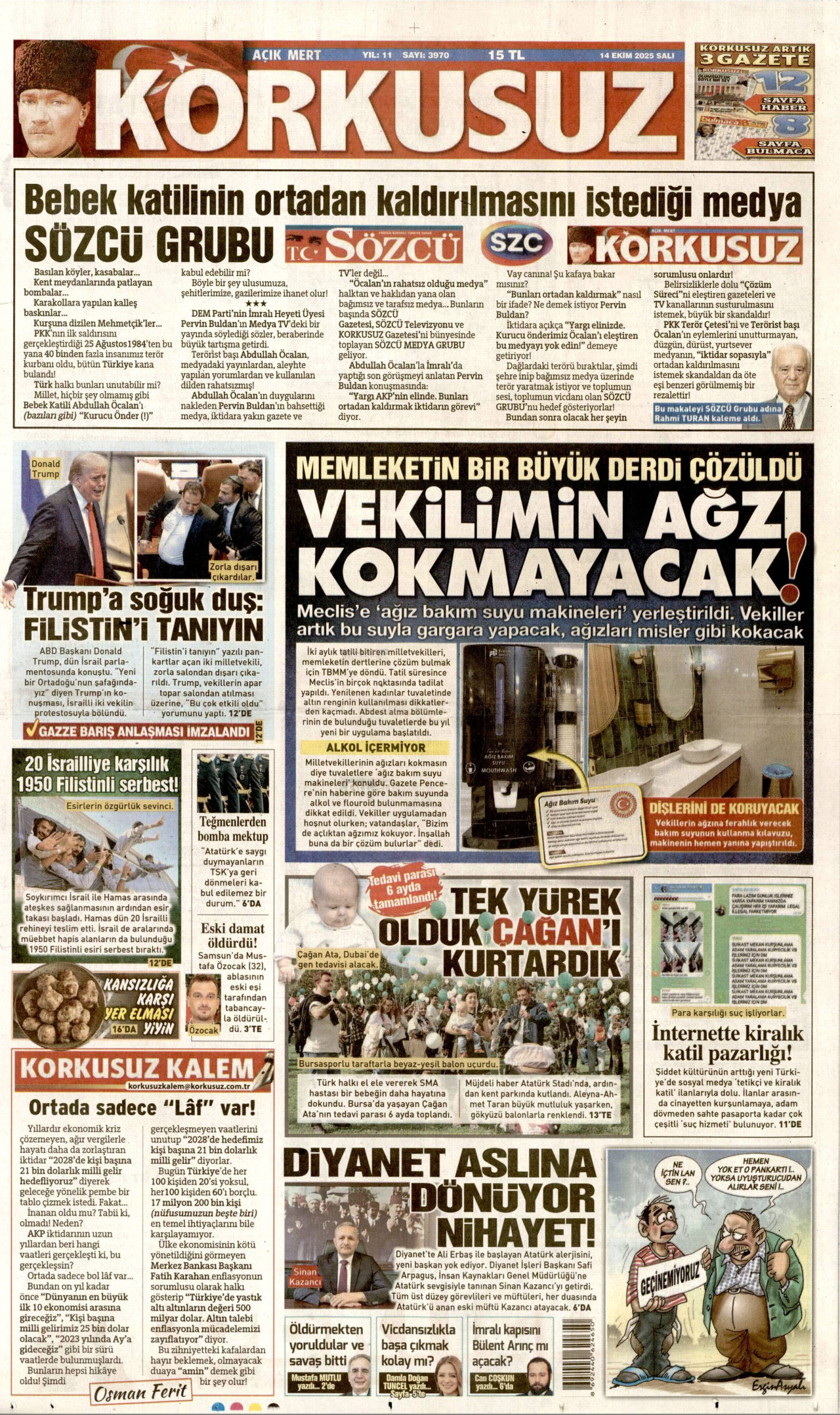 KORKUSUZ gazetesinin 14 Ekim 2025 tarihli birinci sayfası