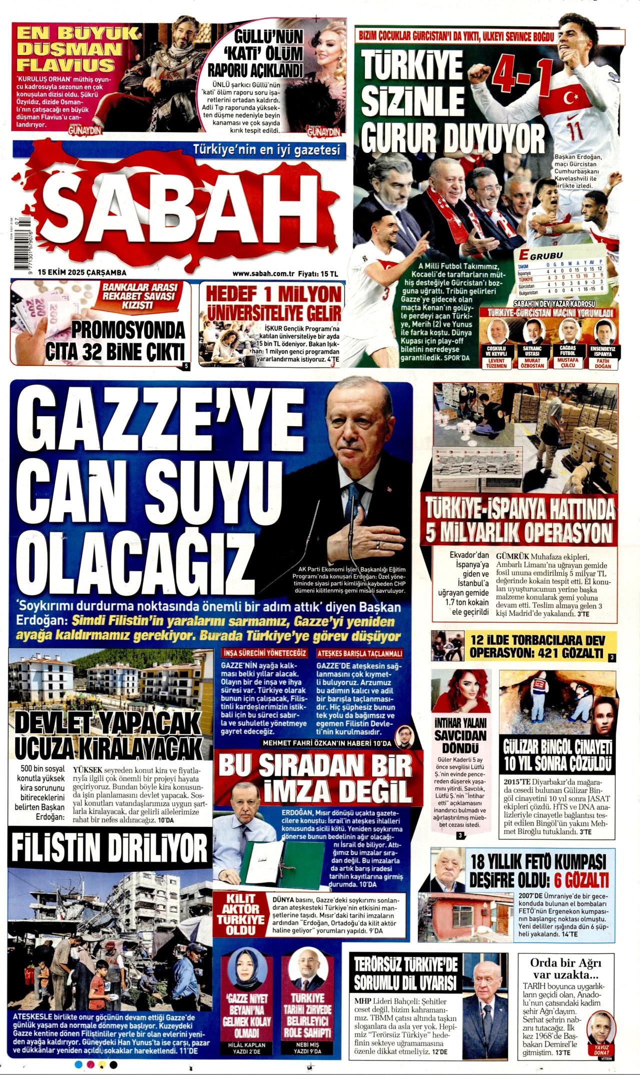 SABAH gazetesinin 15 Ekim 2025 tarihli birinci sayfası