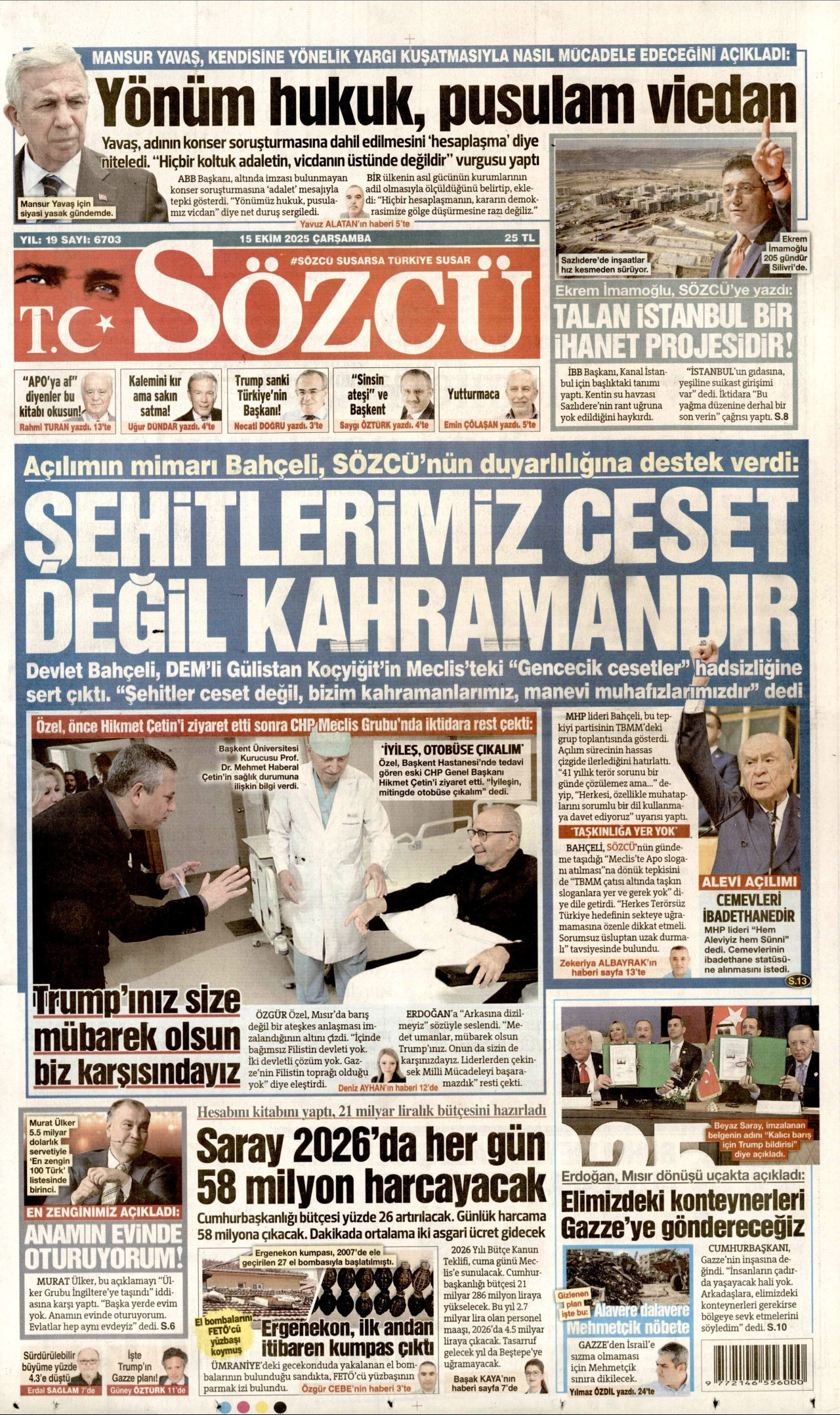 SÖZCÜ gazetesinin 15 Ekim 2025 tarihli birinci sayfası
