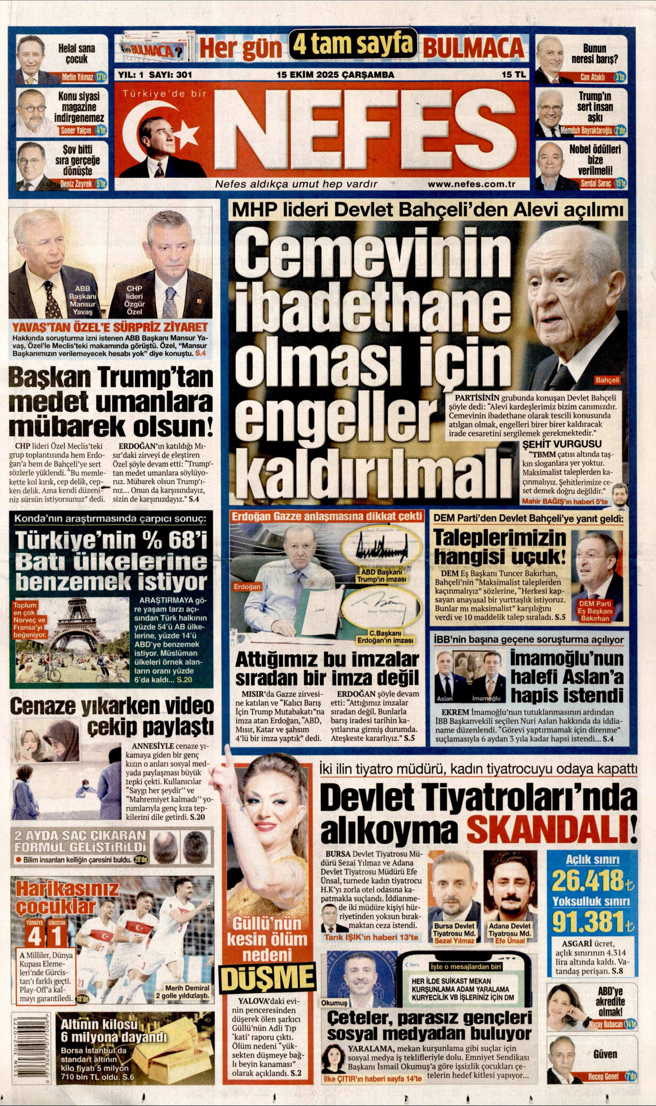 NEFES gazetesinin 15 Ekim 2025 tarihli birinci sayfası