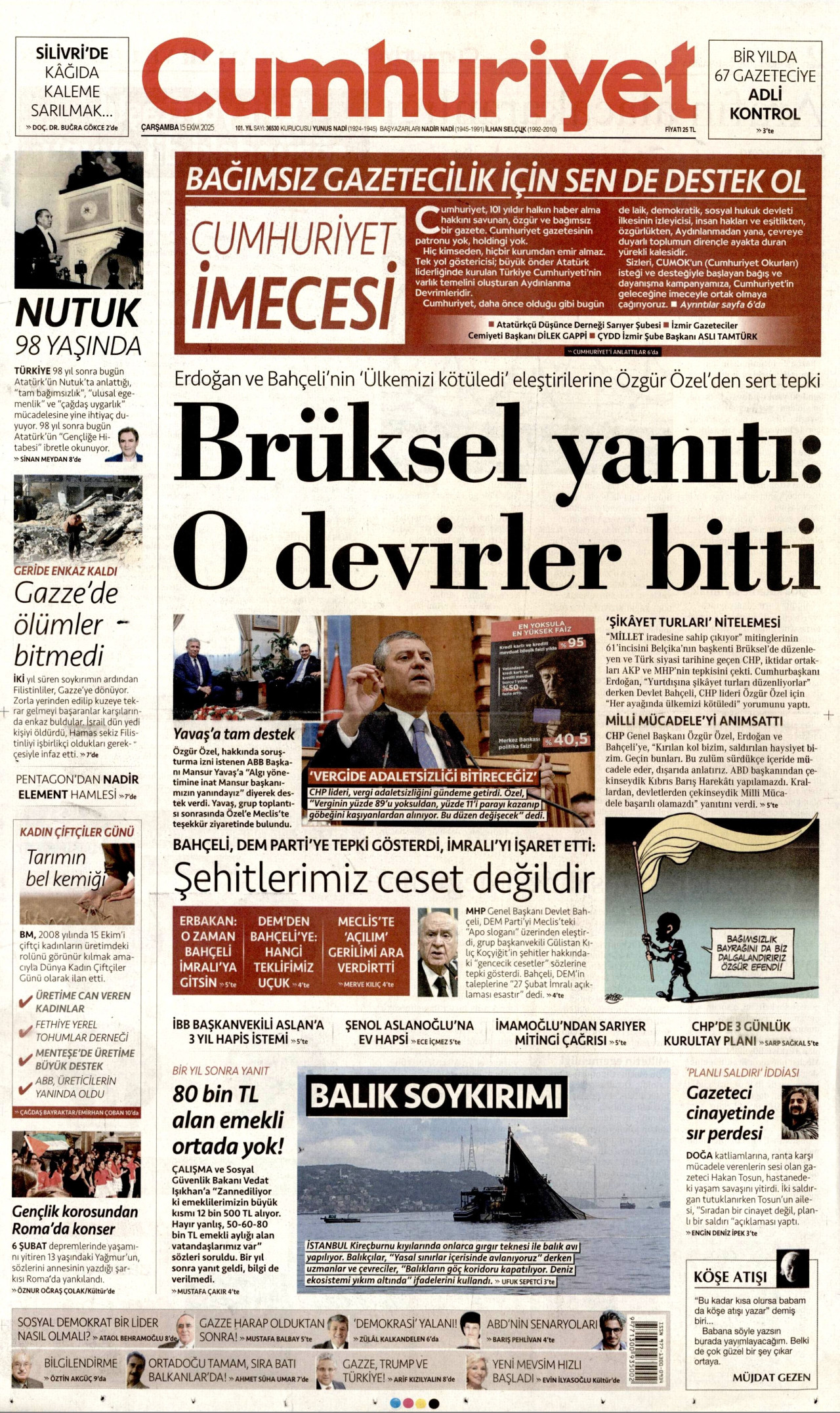 CUMHURİYET gazetesinin 15 Ekim 2025 tarihli birinci sayfası