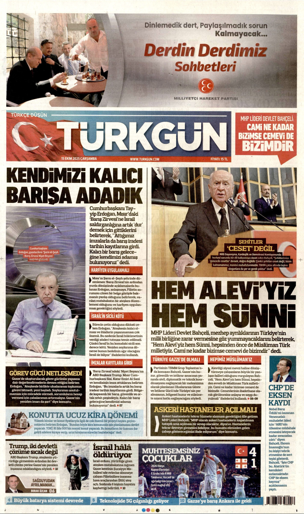 TÜRKGÜN gazetesinin 15 Ekim 2025 tarihli birinci sayfası