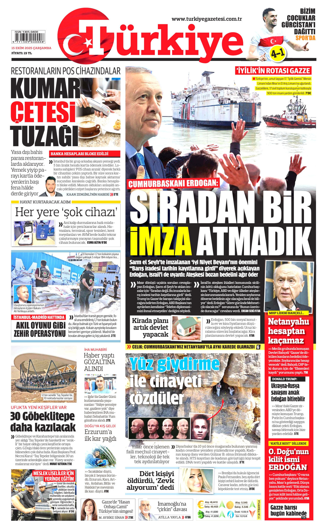 TÜRKİYE GAZETESİ gazetesinin 15 Ekim 2025 tarihli birinci sayfası