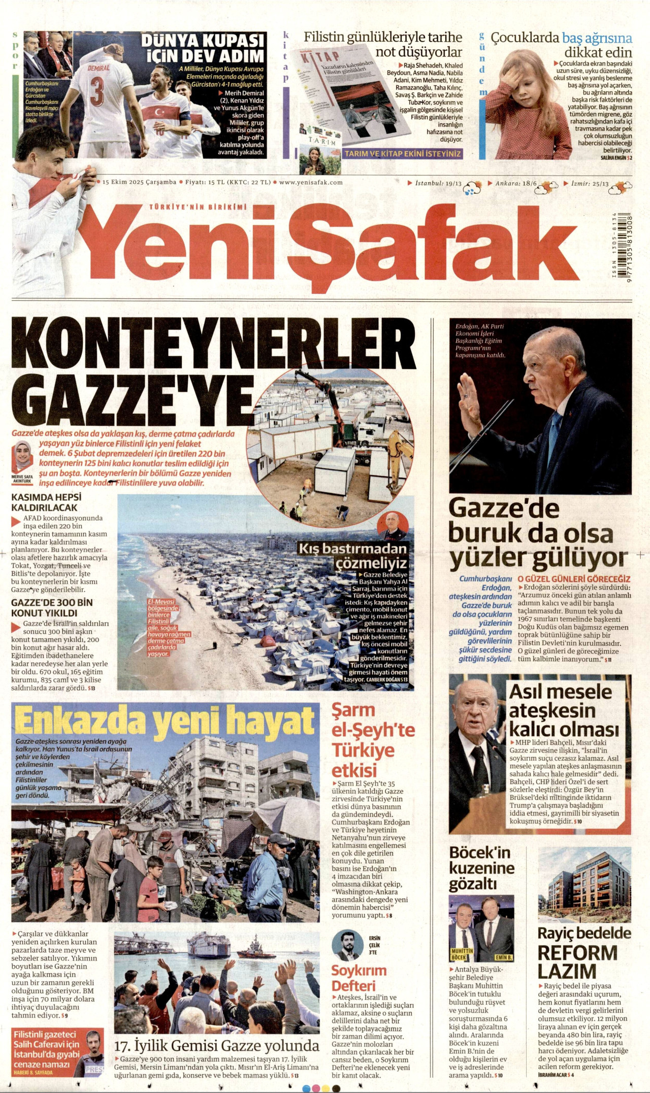 YENİ ŞAFAK gazetesinin 15 Ekim 2025 tarihli birinci sayfası