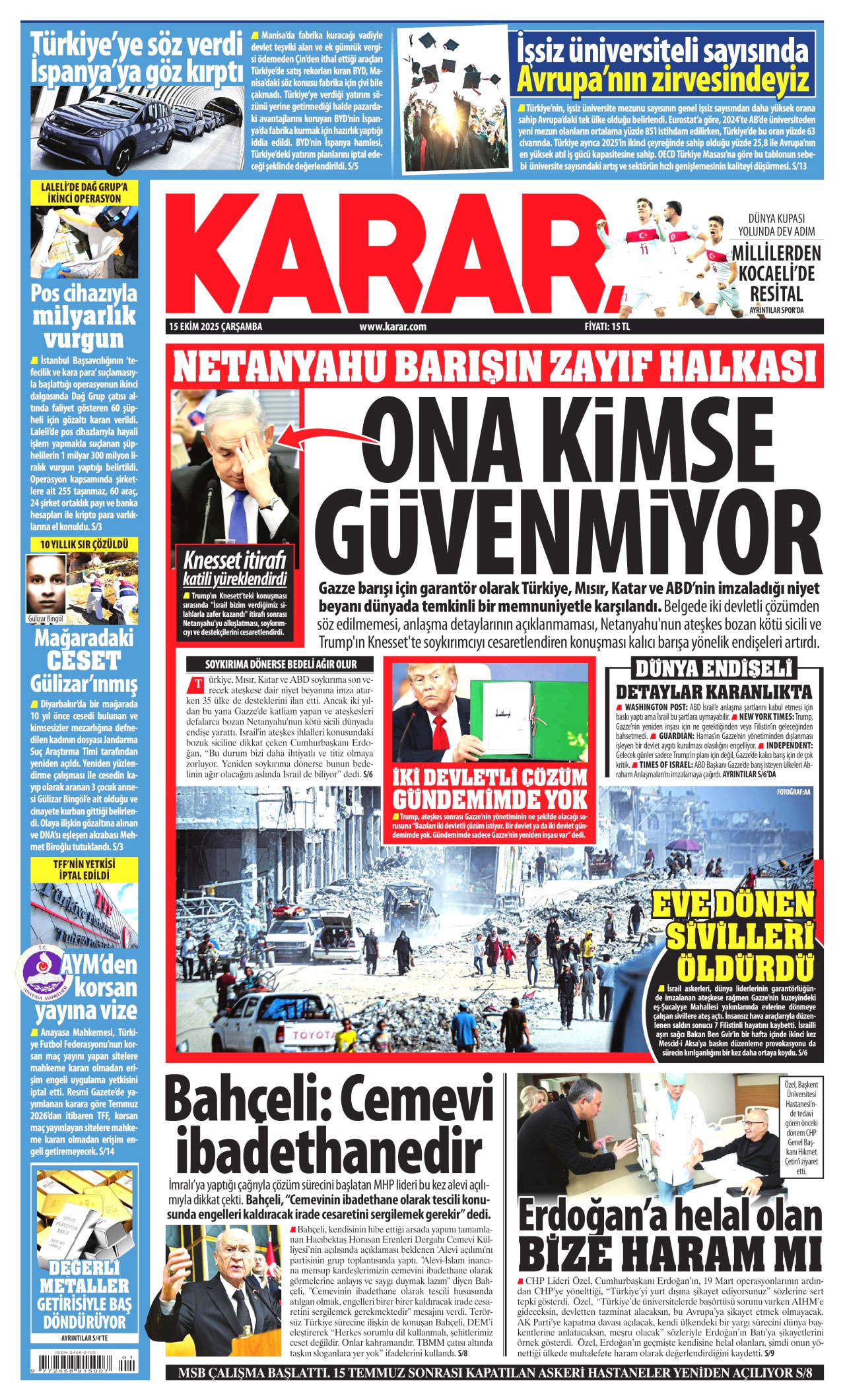 KARAR gazetesinin 15 Ekim 2025 tarihli birinci sayfası