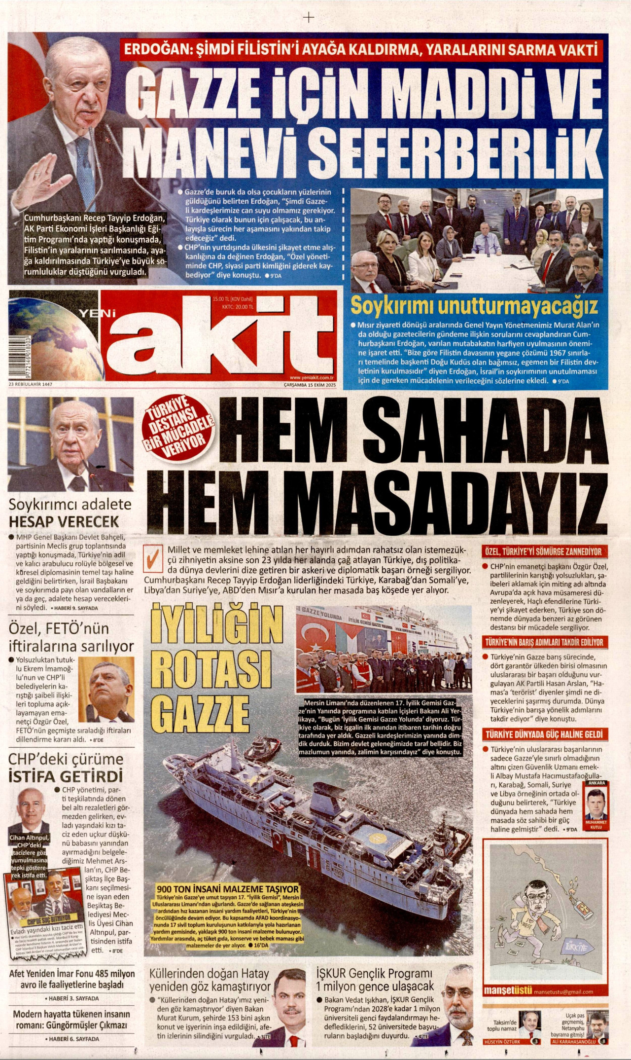 YENİ AKİT gazetesinin 15 Ekim 2025 tarihli birinci sayfası